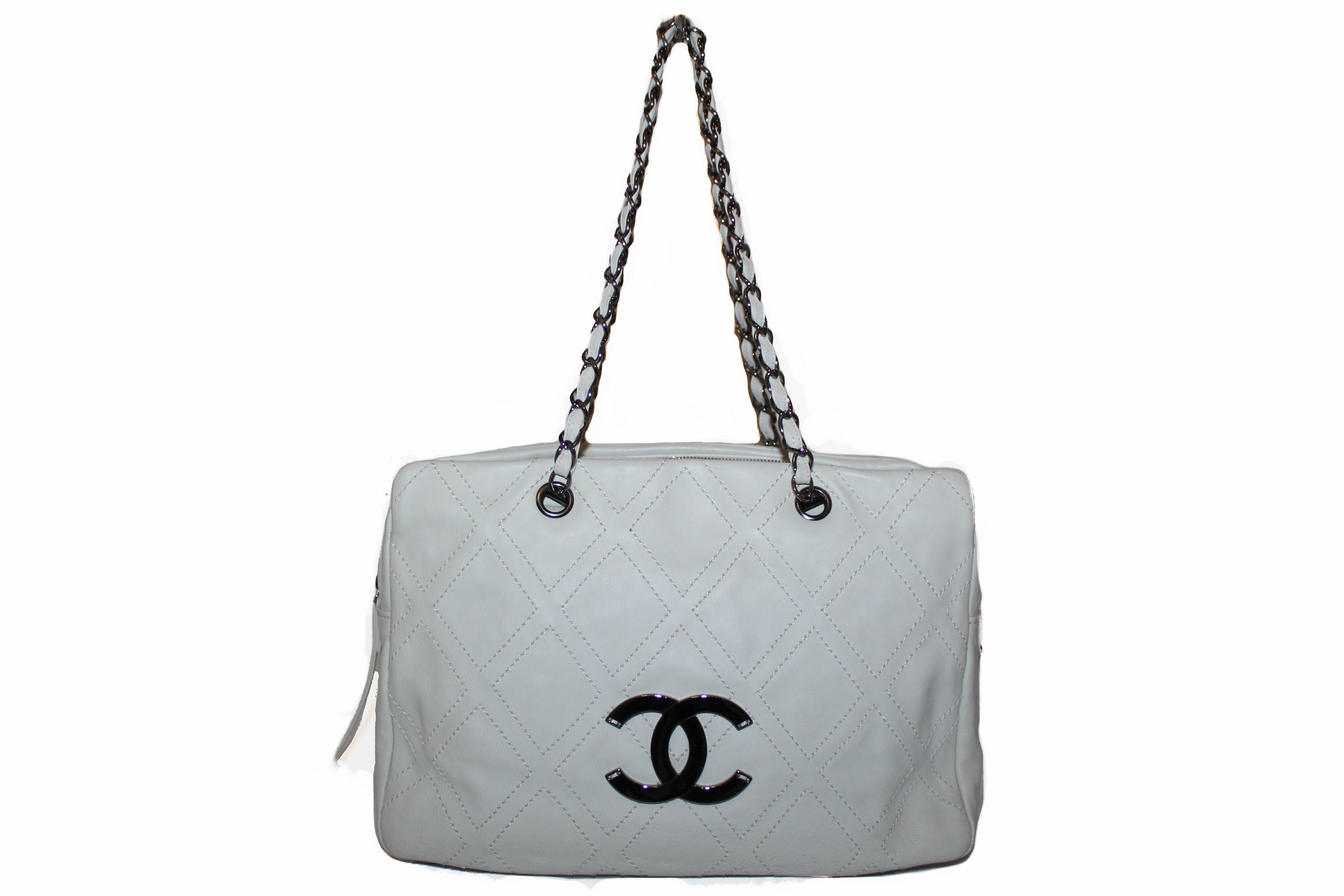 Authentic Chanel Off White Lambskin Leather Diamond Stitch Tote Bag