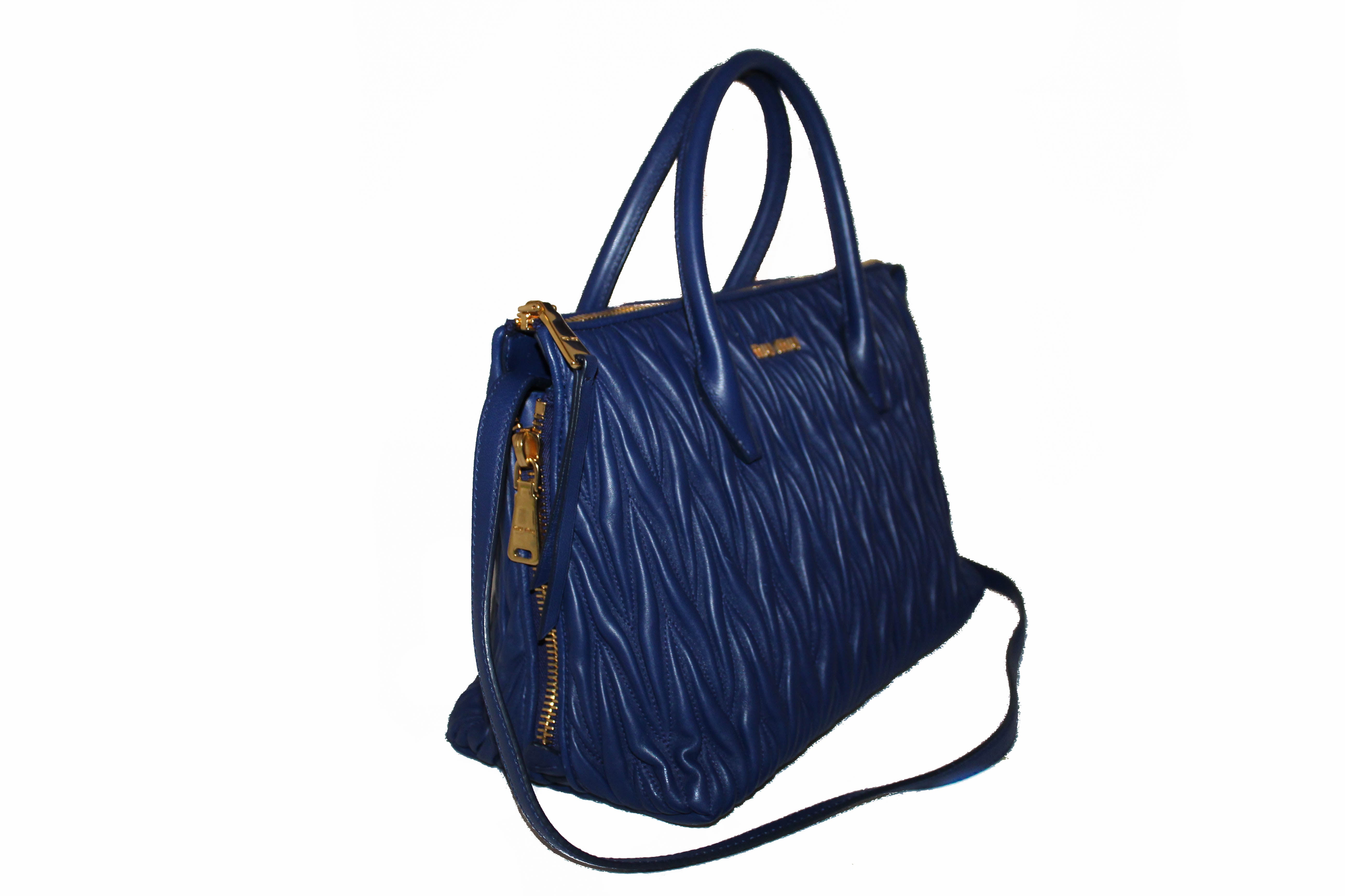 Authentic Miu Miu Blue Nappa Leather Maletasse Tote Bag with Long Strap