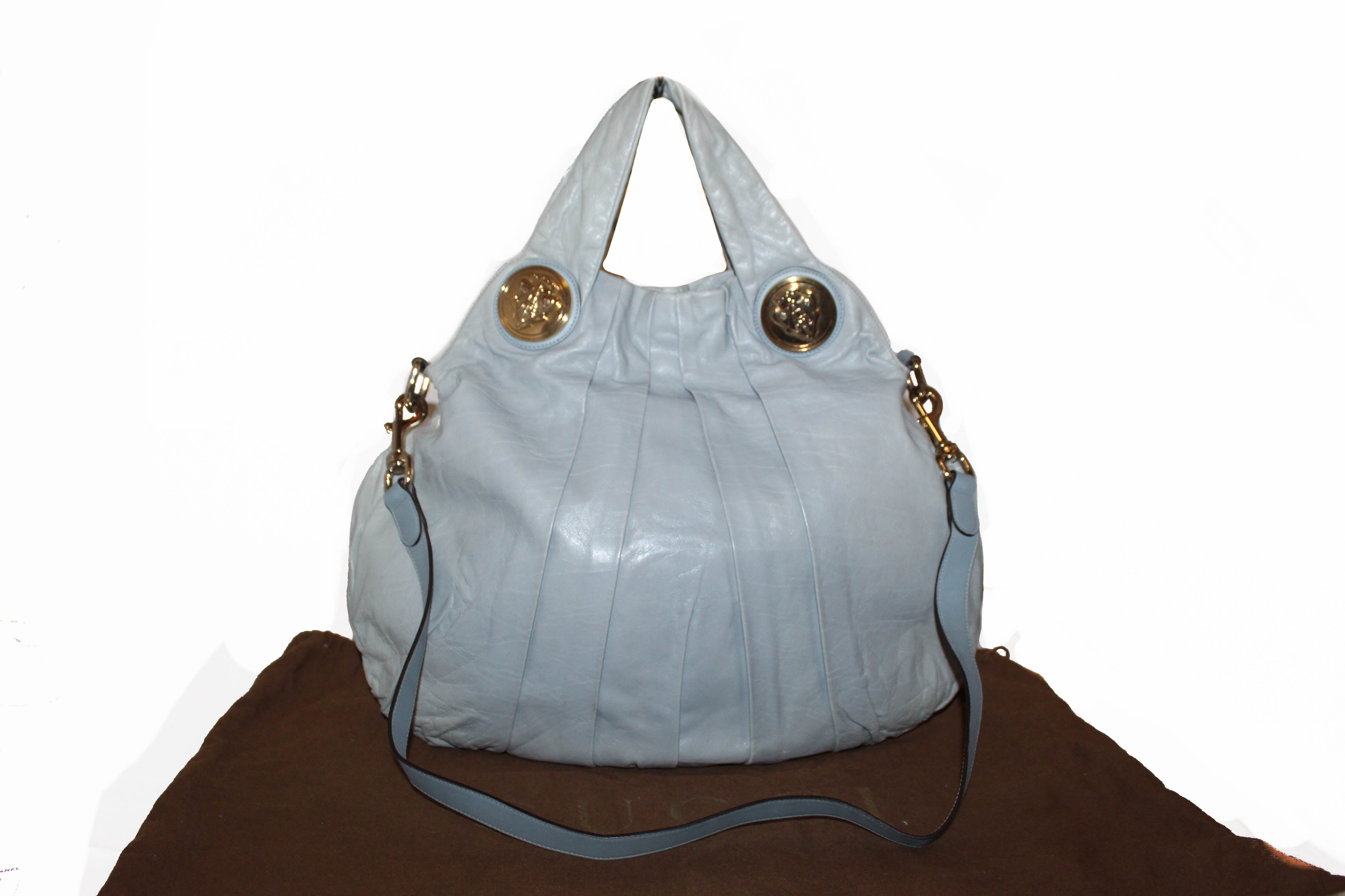 Authentic Gucci Blue Leather Hysteria Hobo Tote Bag with Long Strap 197016
