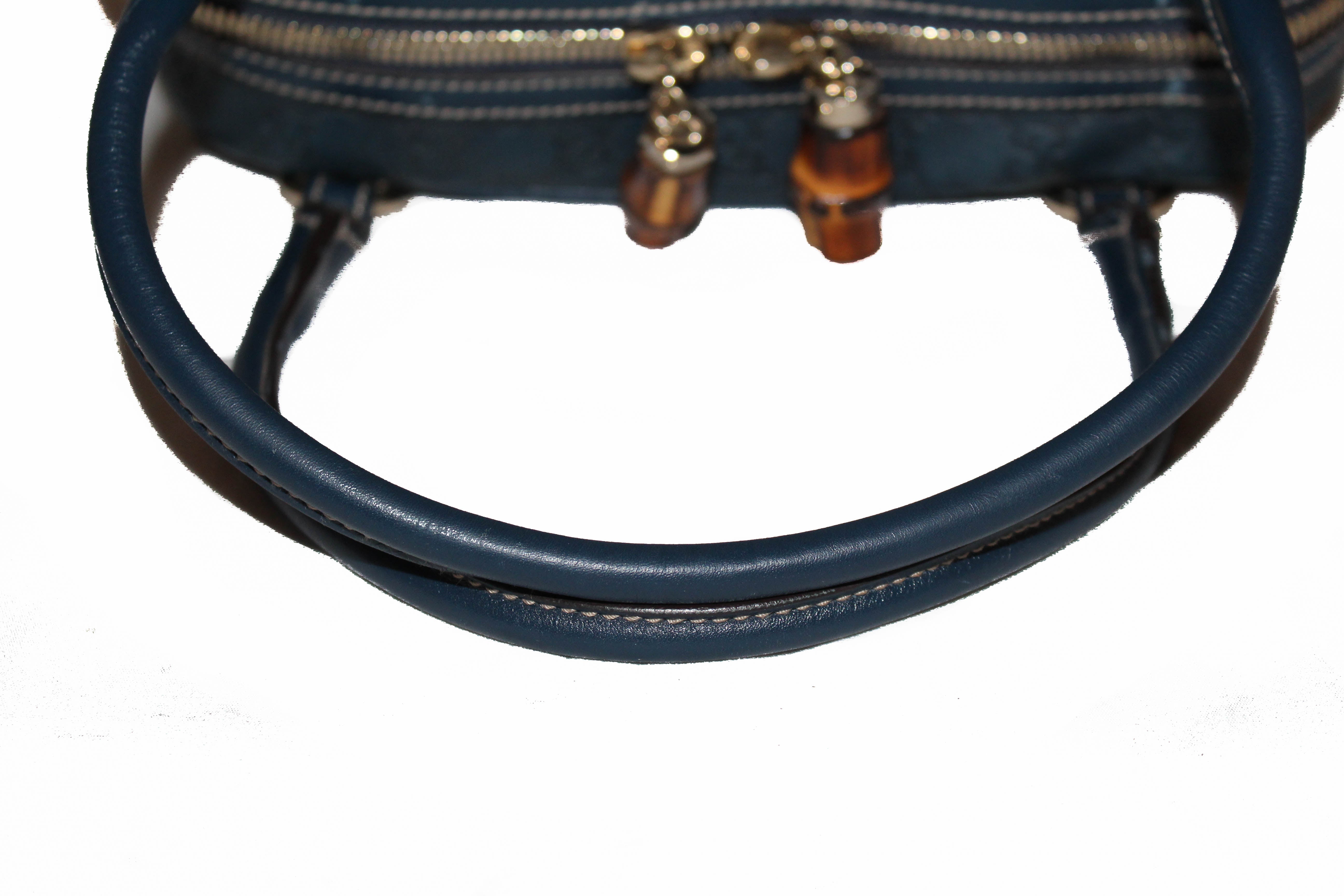 Authentic Gucci Navy Blue Guccissima Leather Horsebit Boston Handbag 159399