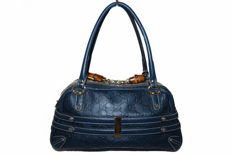 Authentic Gucci Navy Blue Guccissima Leather Horsebit Boston Handbag 159399