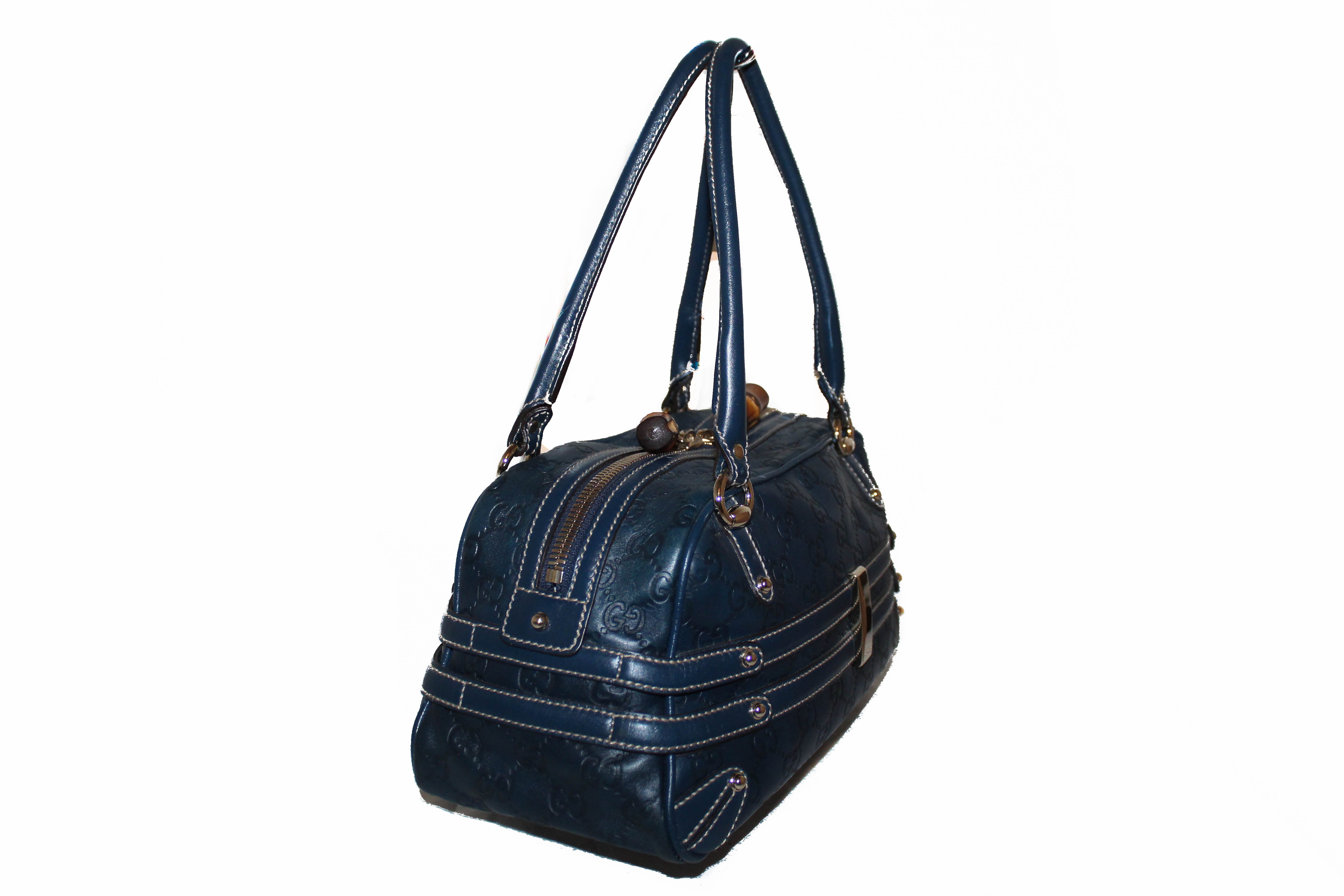 Authentic Gucci Navy Blue Guccissima Leather Horsebit Boston Handbag 159399