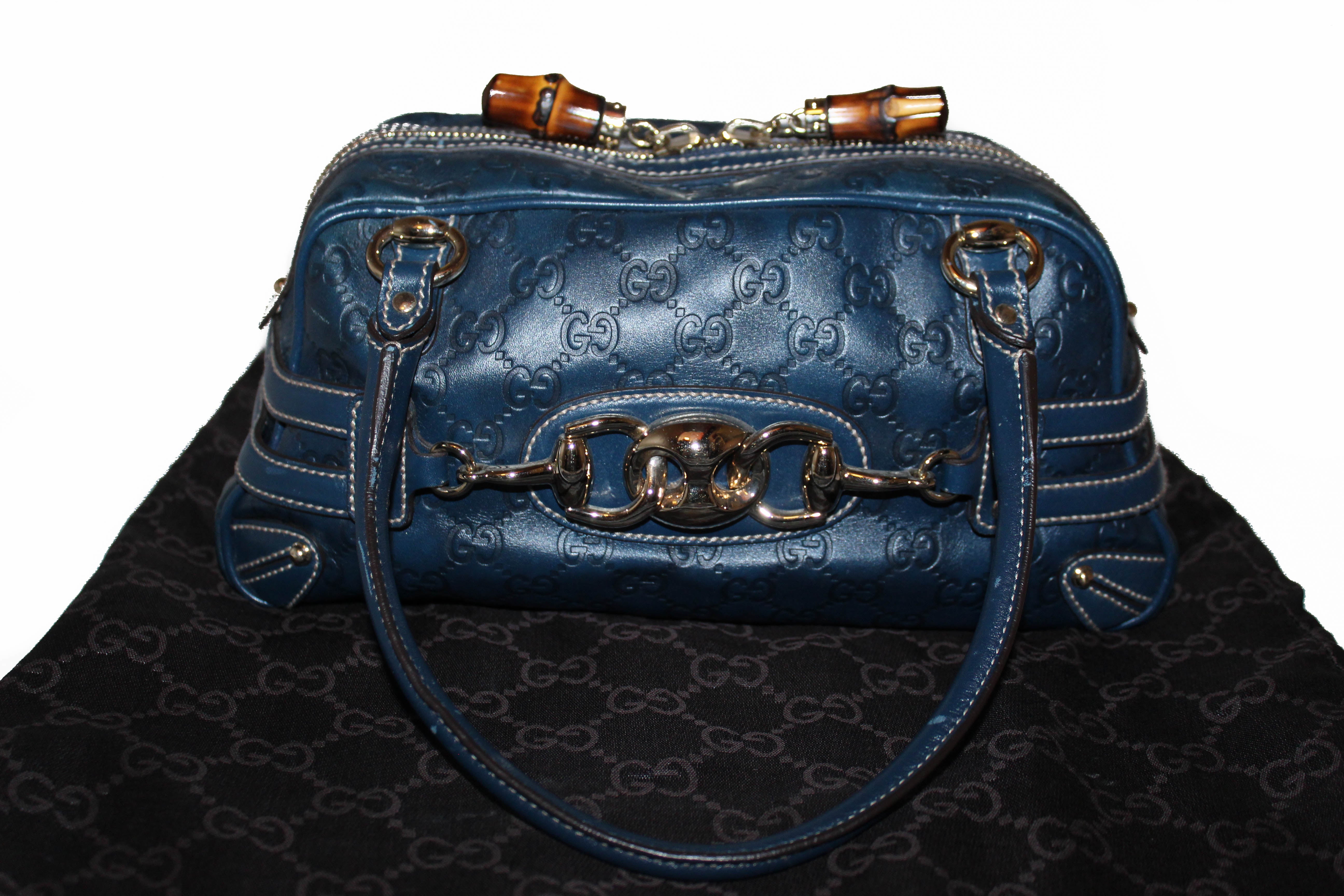 Gucci, Bags, Gucci Guccissima New Leather Boston Bag Dark Blue 265697