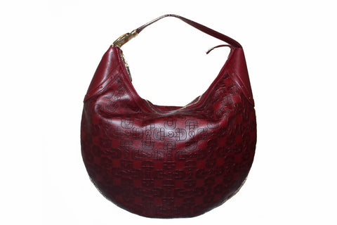 Authentic Gucci Burgundy Leather Horsebit Embossed Buckle Hobo Shoulder Bag 145764