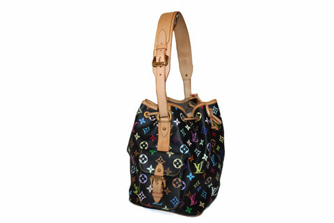 Authentic Louis Vuitton Black Multicolor Canvas Noe Drawstring Shoulder Bag