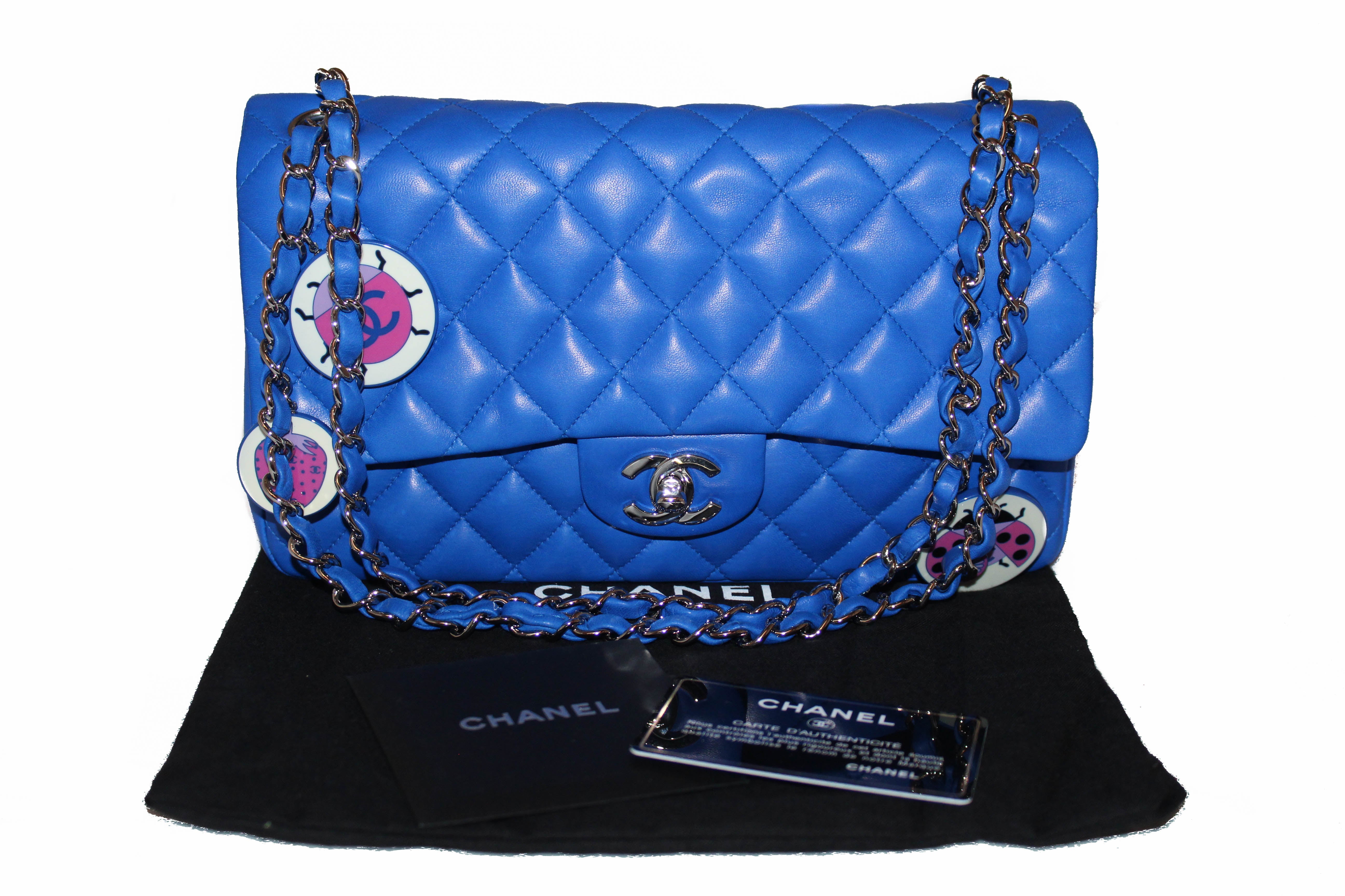 Authentic New Chanel Electric Blue Lambskin Quilted Leather Charrm Medium  Classic Shoulder Bag