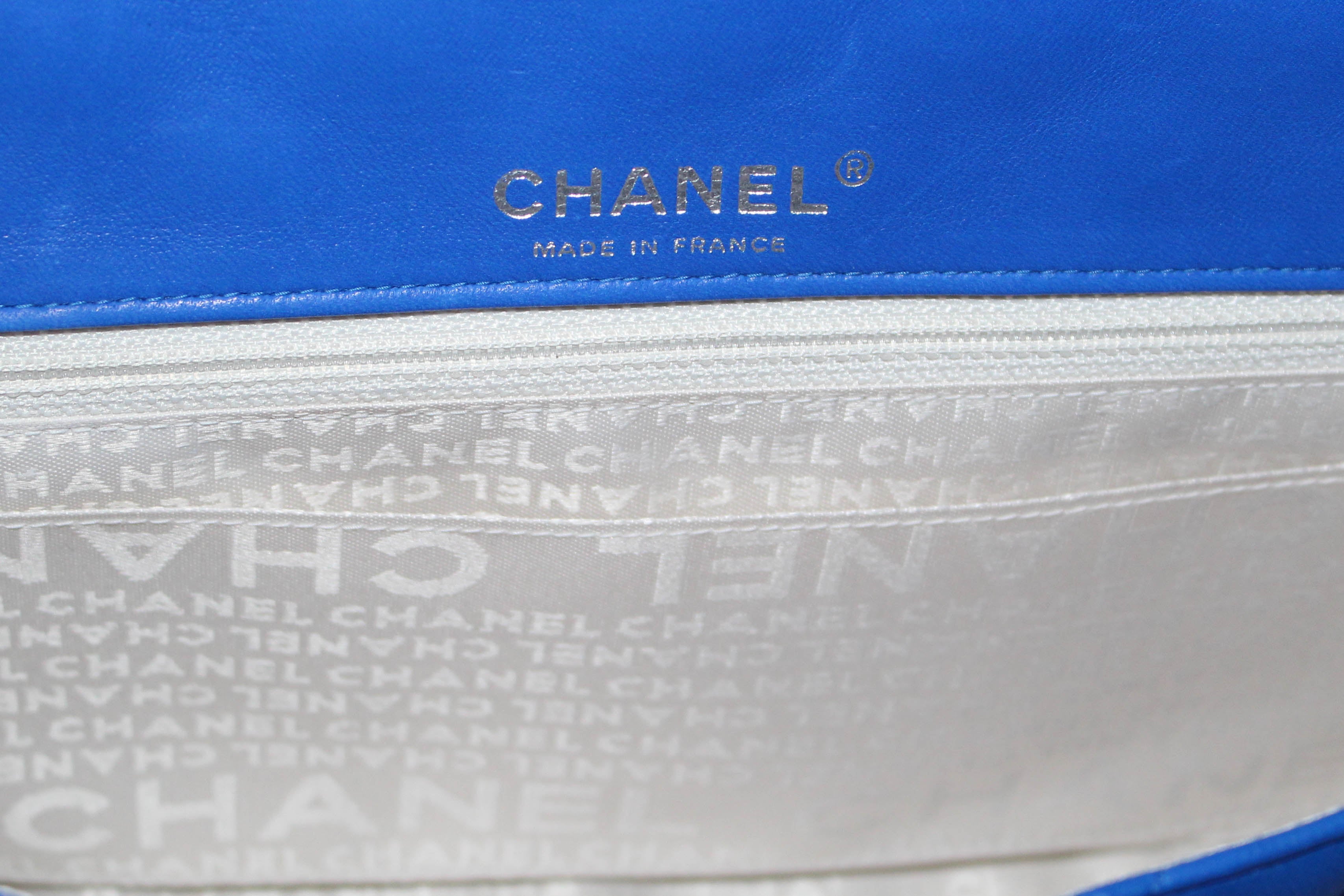 Authentic New Chanel Electric Blue Lambskin Quilted Leather Charrm Medium Classic Shoulder Bag