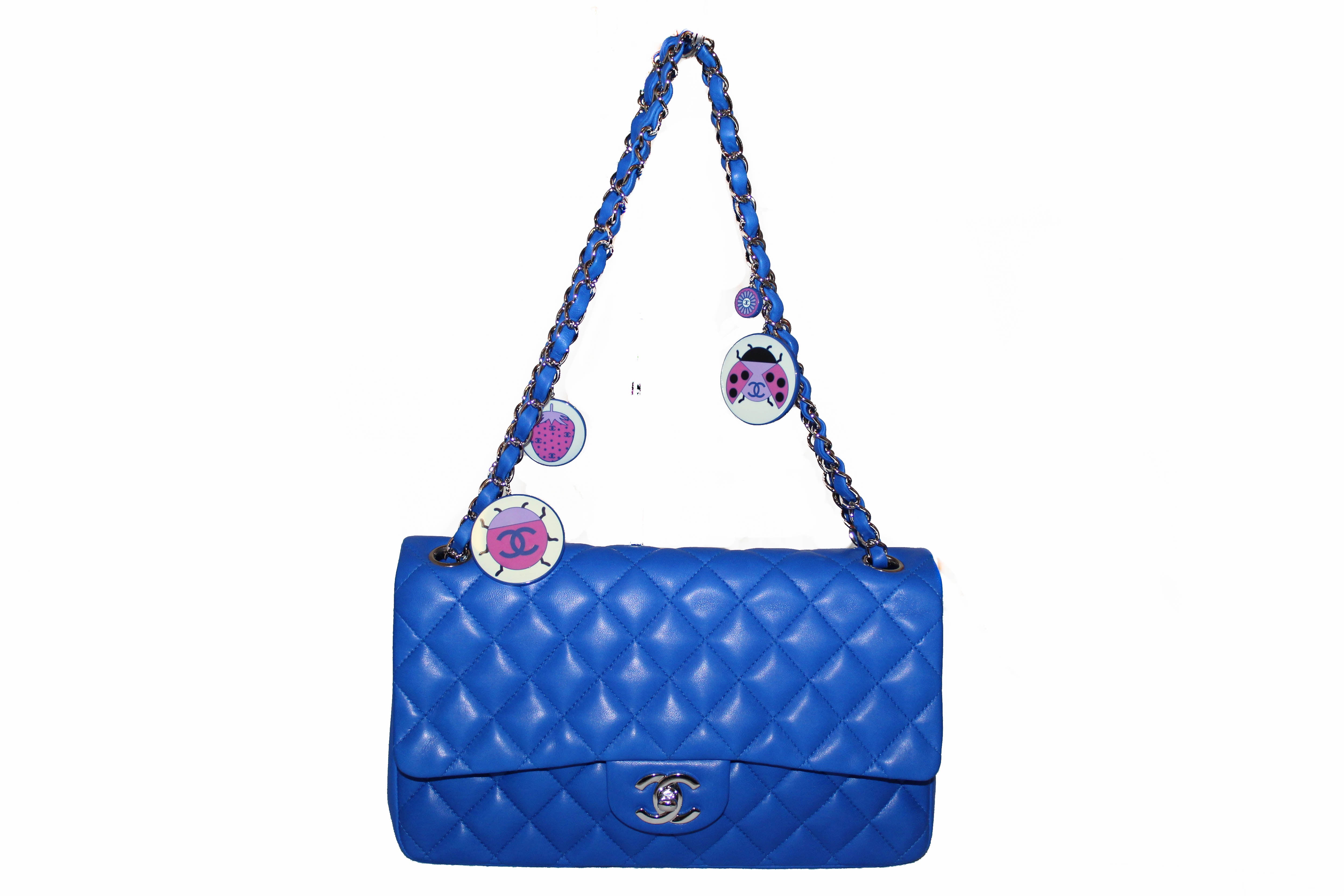 Authentic New Chanel Electric Blue Lambskin Quilted Leather Charrm Medium Classic Shoulder Bag