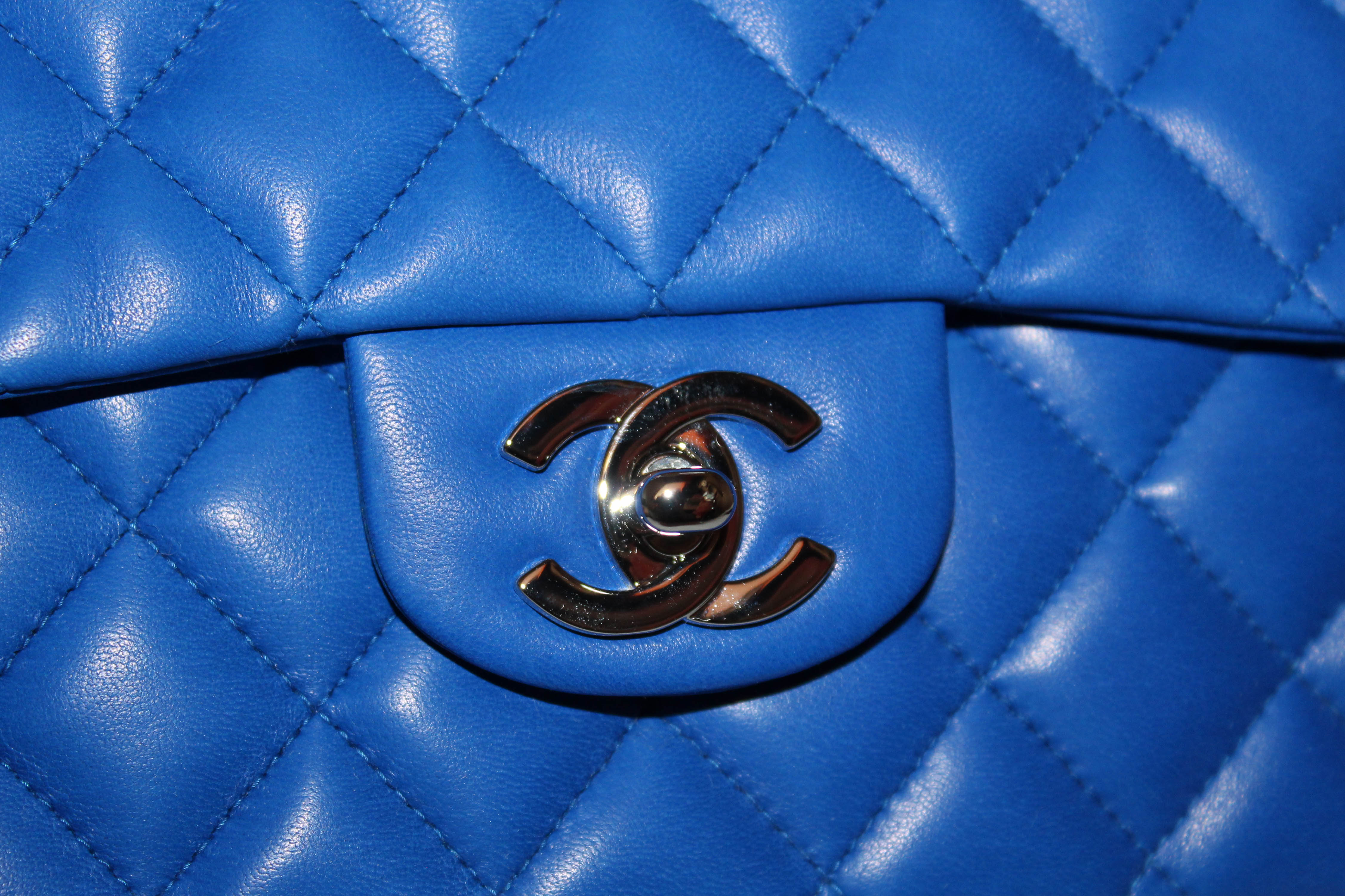 Authentic New Chanel Electric Blue Lambskin Quilted Leather Charrm Medium Classic Shoulder Bag