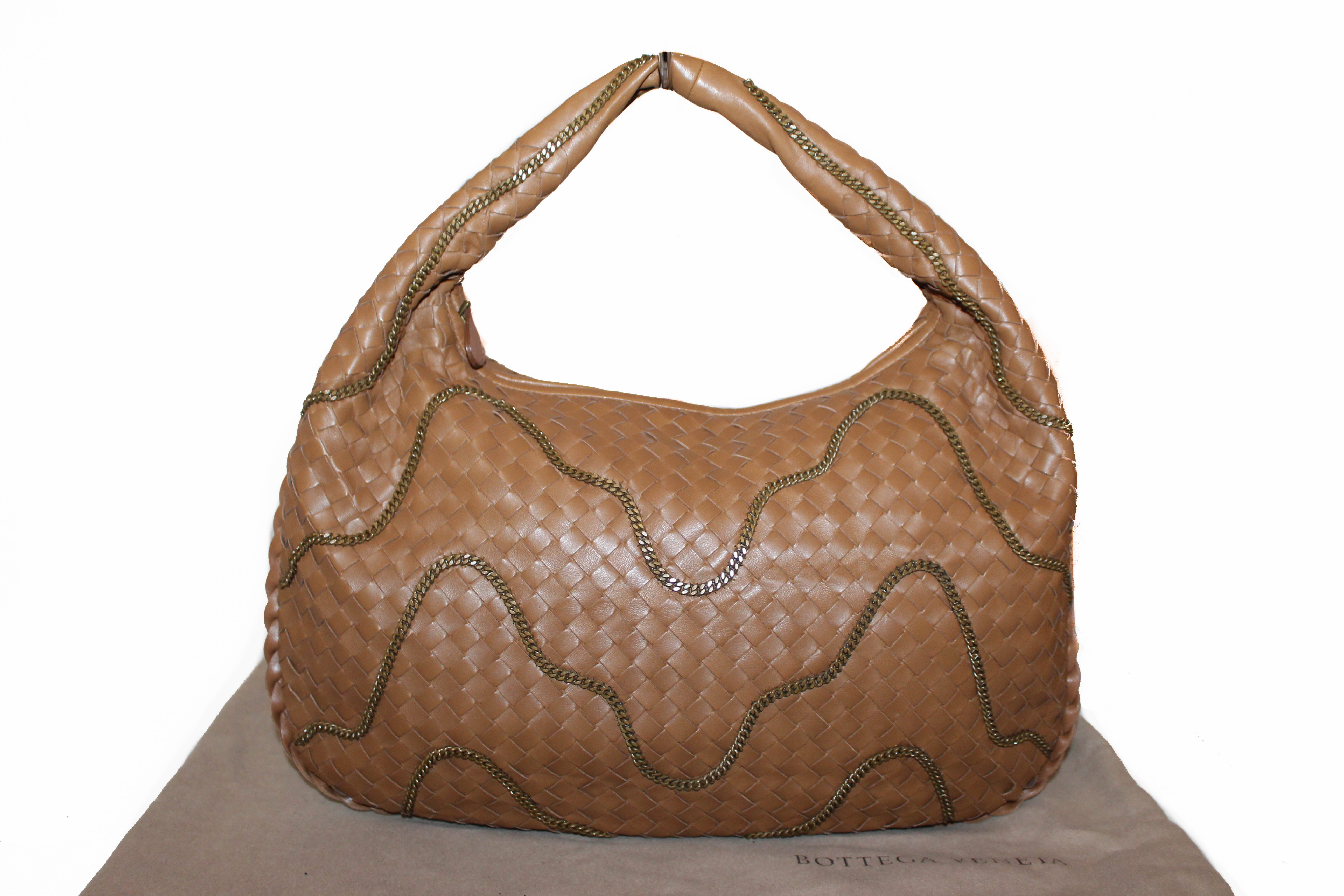 Authentic New Bottega Veneta Brown Intrecciato Leather Chain Veneta Hobo Shoulder Bag