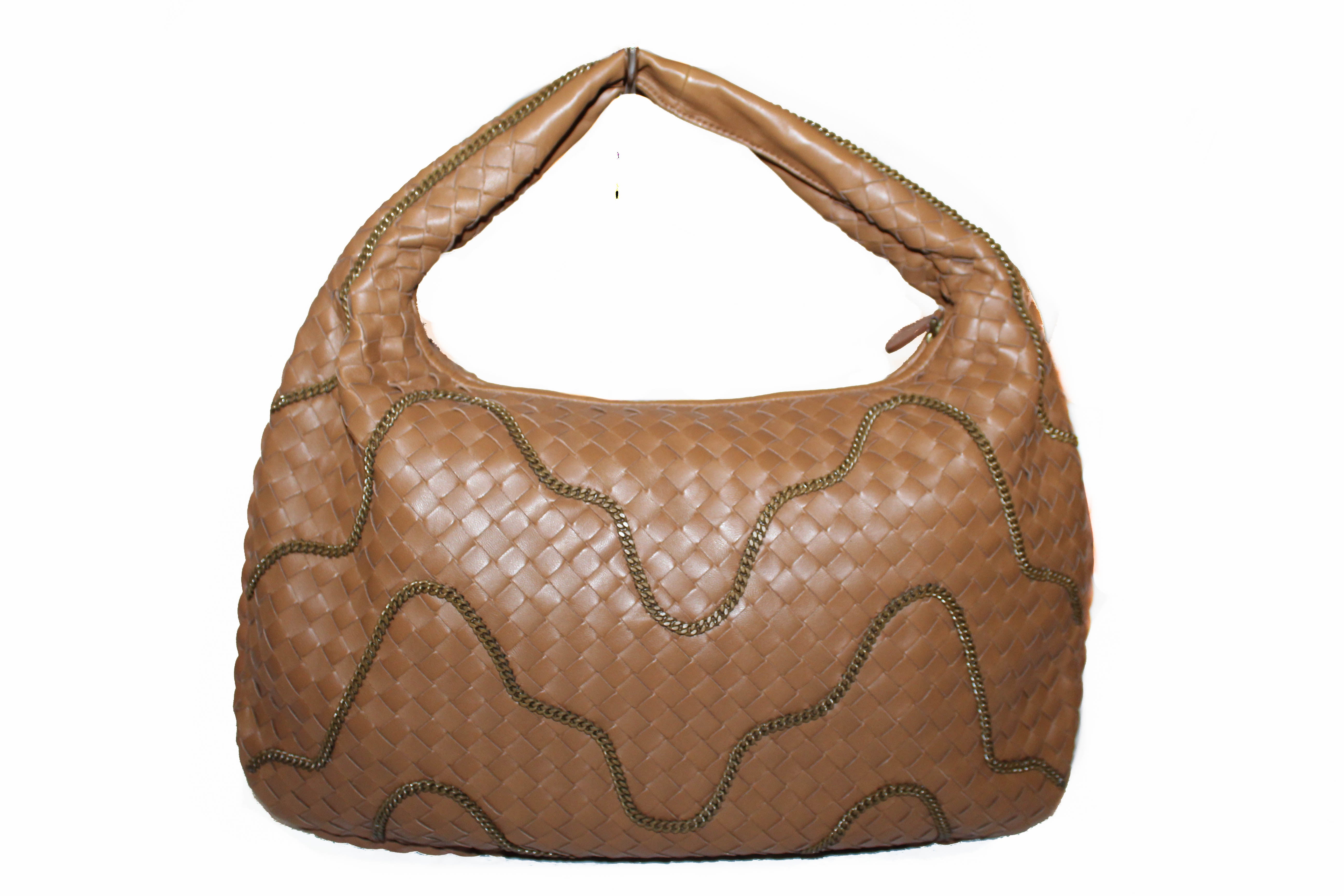 Authentic New Bottega Veneta Brown Intrecciato Leather Chain Veneta Hobo Shoulder Bag