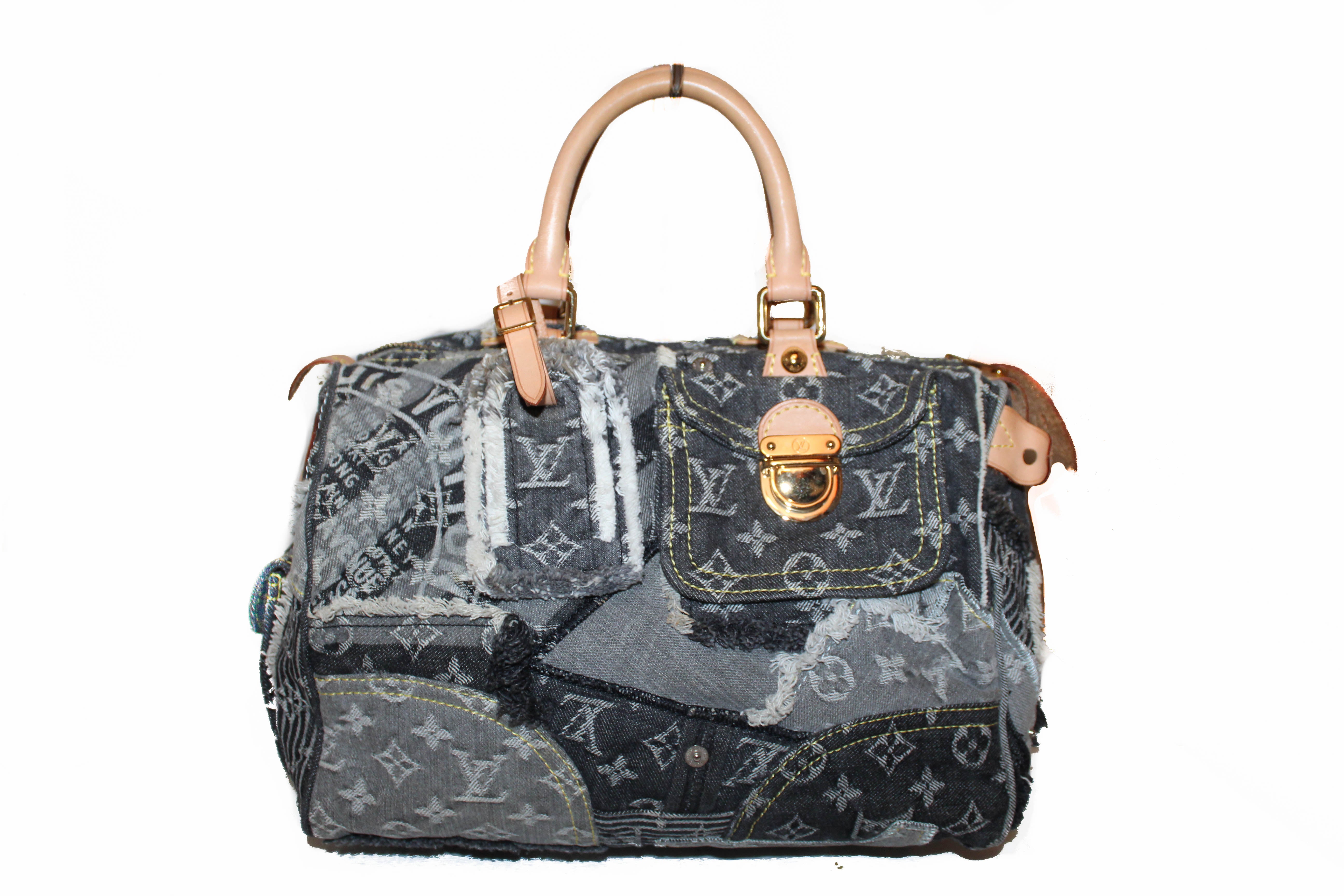 Authentic Louis Vuitton Black Denim Monogram Patchwork Speedy Handbag
