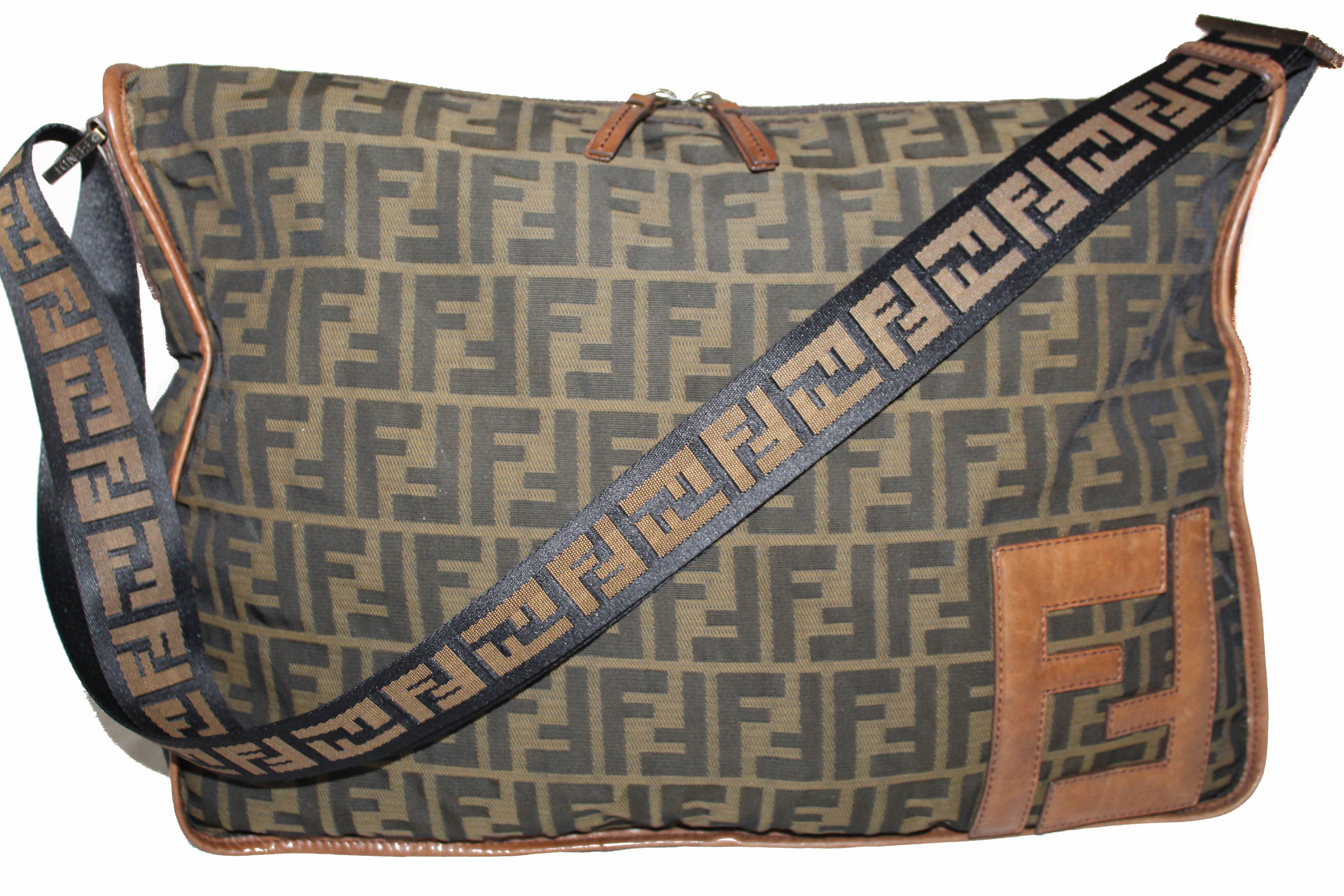 Authentic Fendi Brown Zucca Canvas Large Messenger Satchel Bag