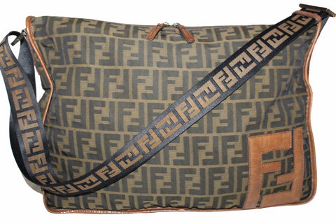 Authentic Fendi Brown Zucca Canvas Large Messenger Bag