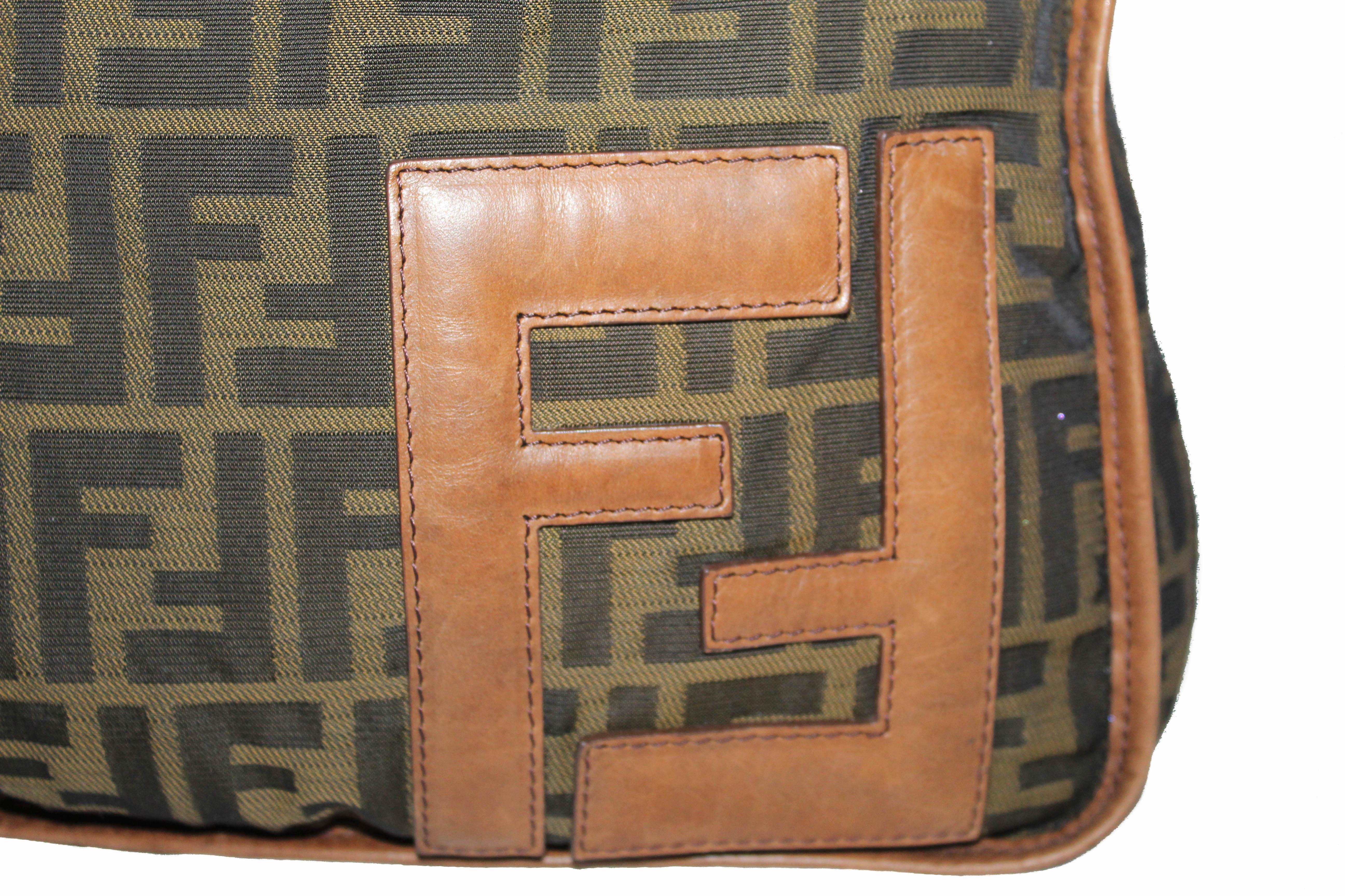 Authentic Fendi Brown Zucca Canvas Large Messenger Bag