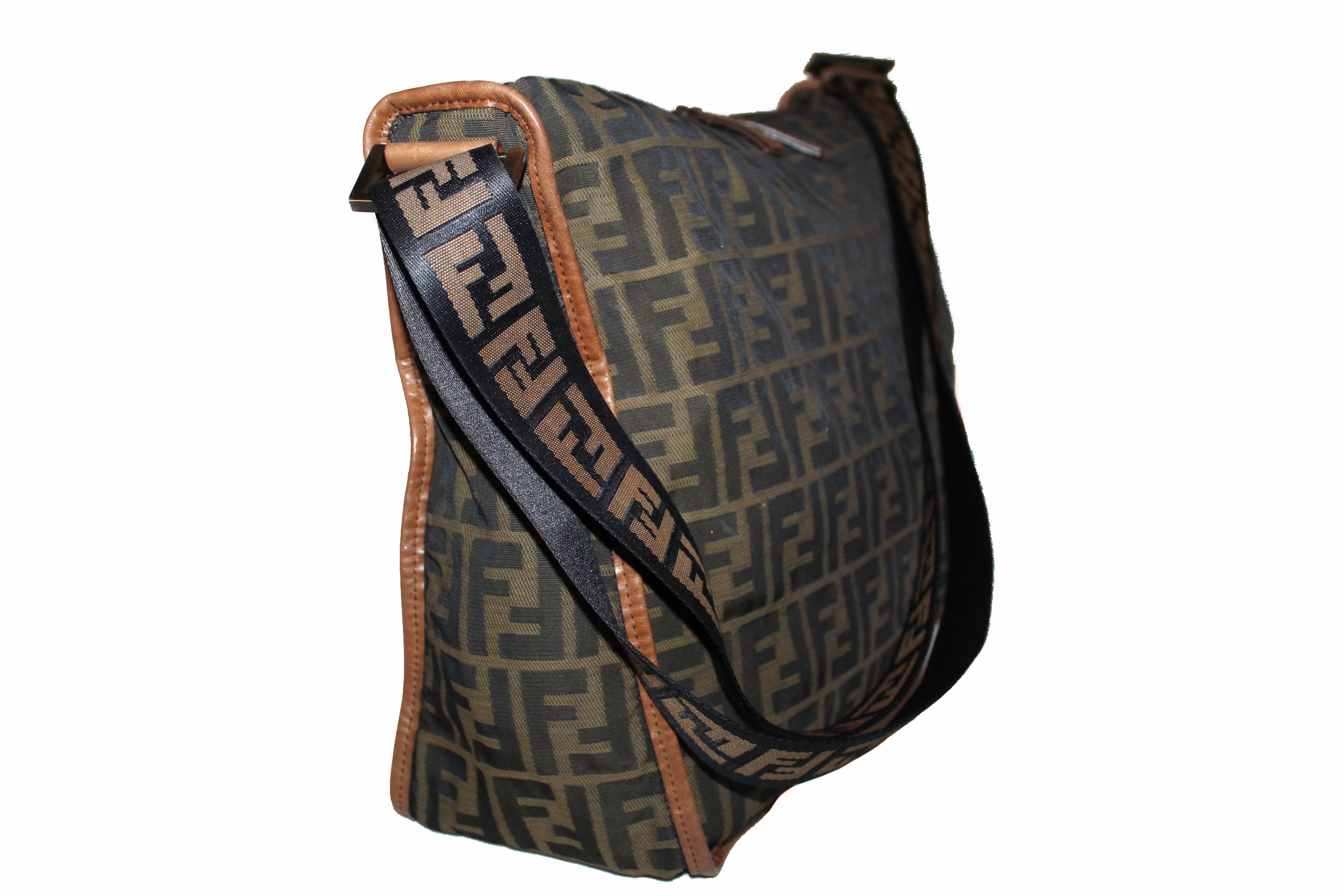 Authentic Fendi Brown Zucca Canvas Large Messenger Satchel Bag