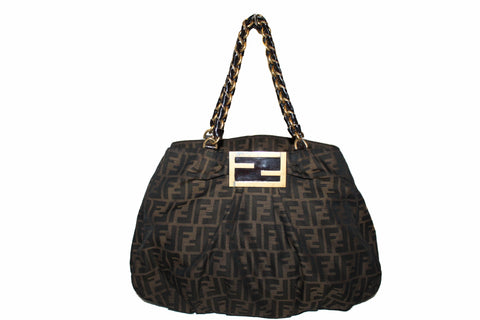 Authentic Fendi Tobacco Zucca Print Canvas Large Mia Tote Bag