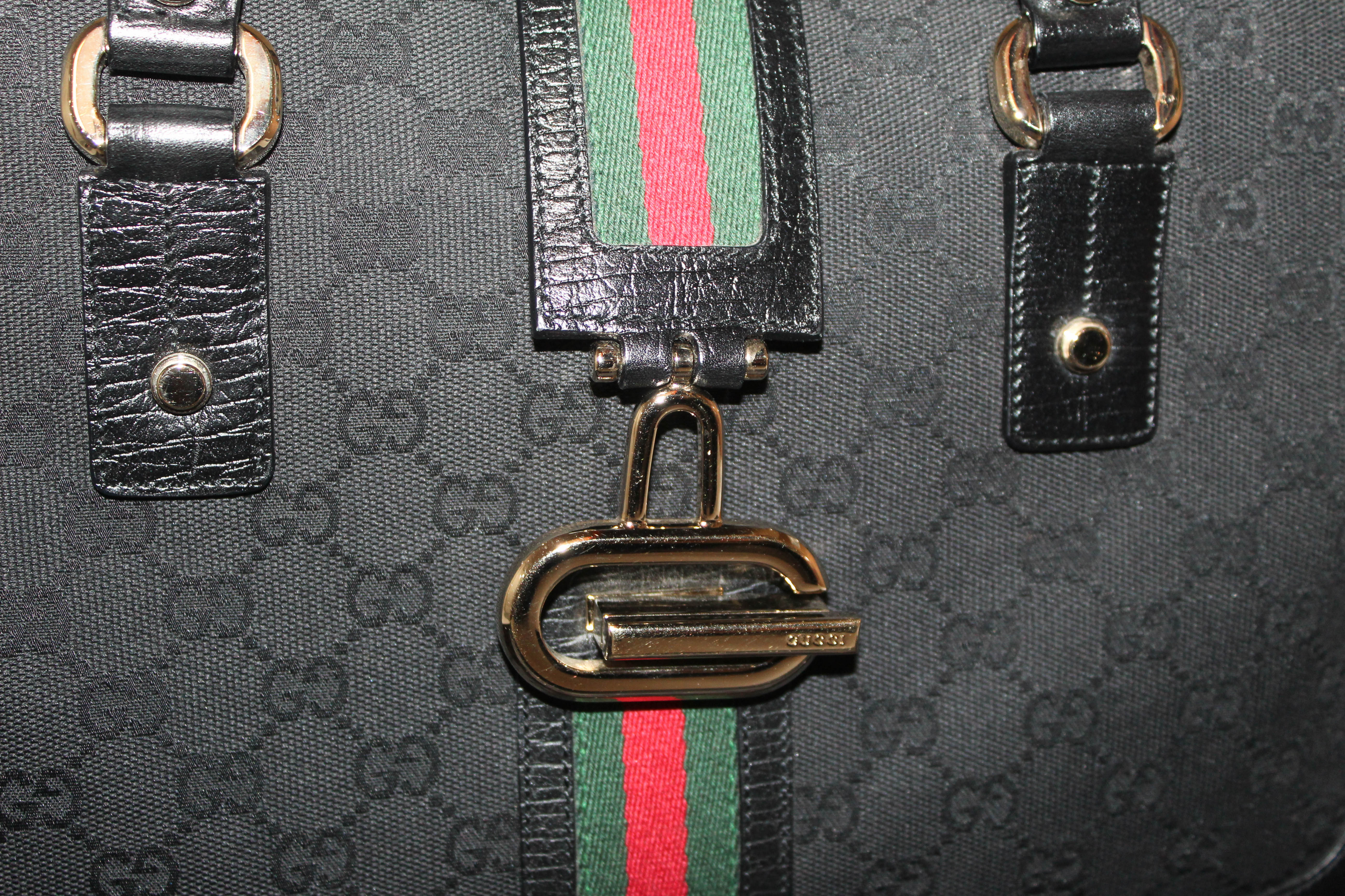 Authentic Gucci Black Signature Canvas w/ Green/Red Web Tote Hand Bag