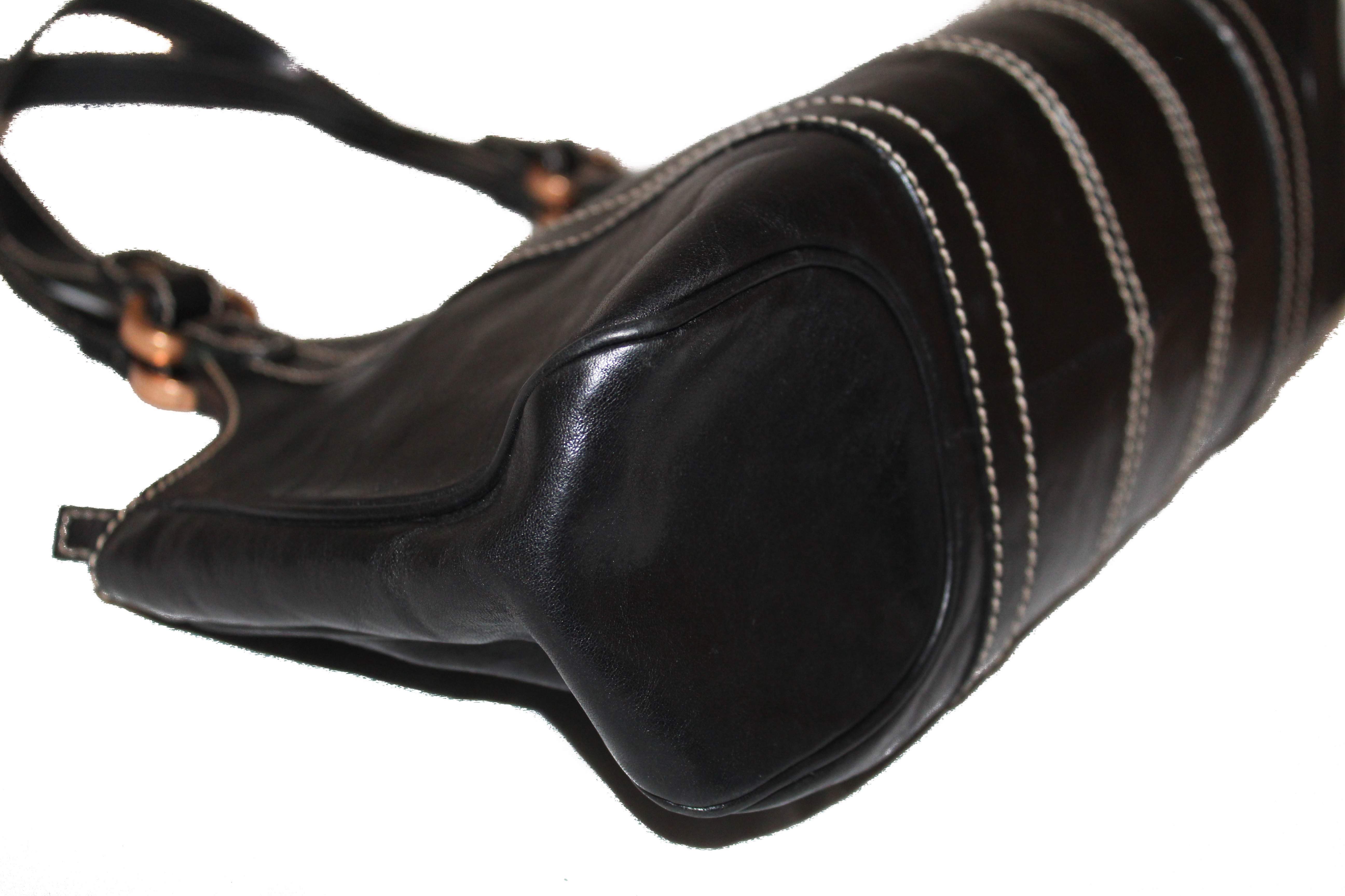 Authentic Vintage Gucci Black Shiny Calfskin Leather Shoulder Bag