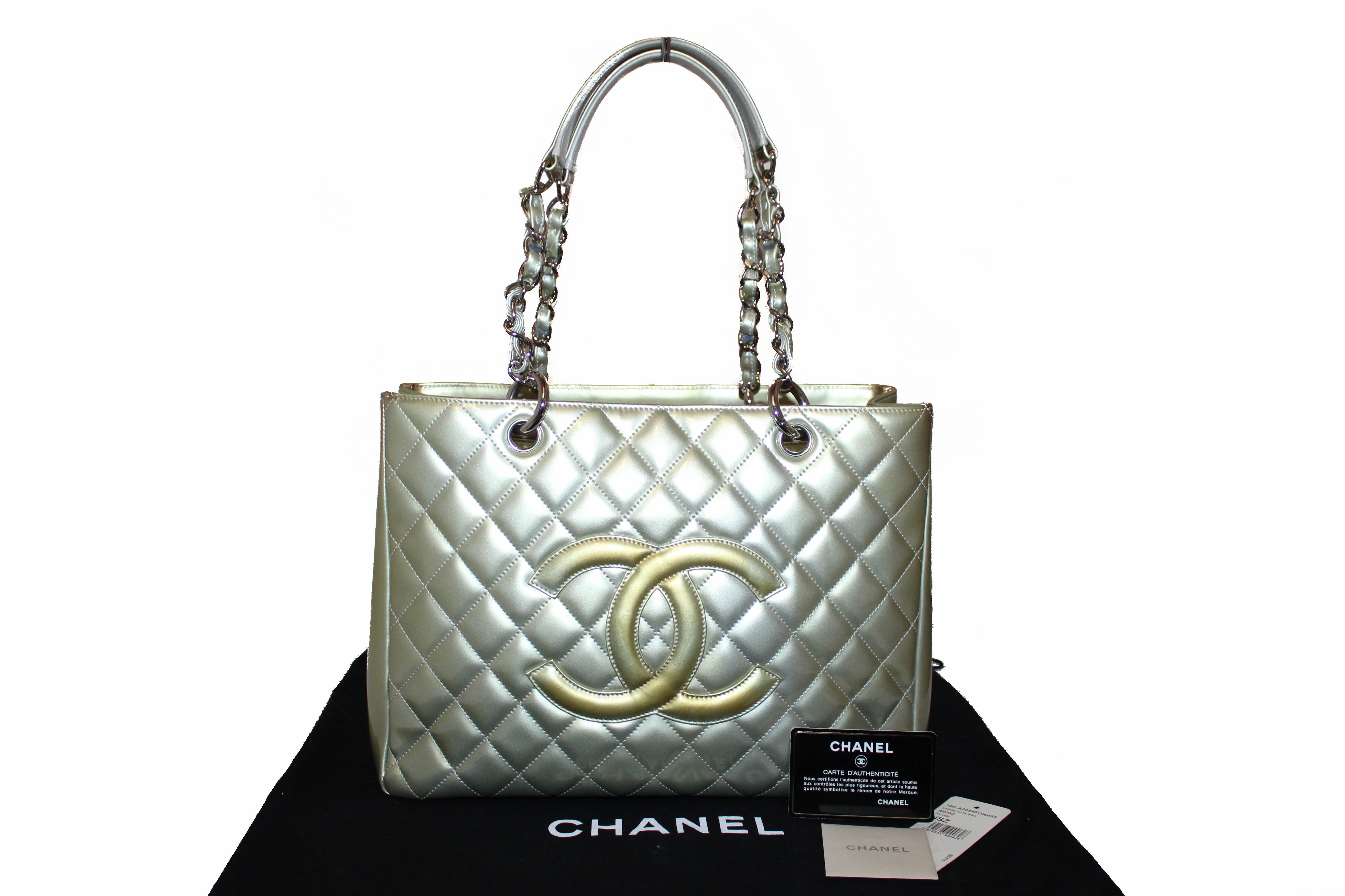 Authentic Chanel Silver Patent Quilted Leather Large Grand Shopping Tote Shoulder Bag