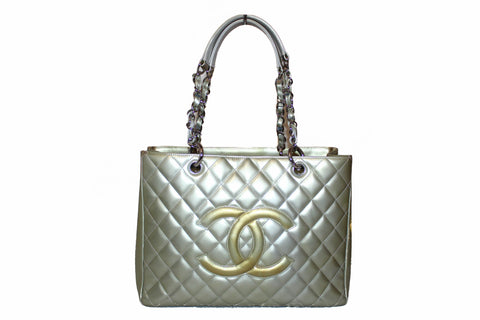 Authentic Chanel Silver Patent Quilted Leather Large Grand Shopping Tote Shoulder Bag