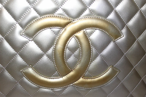 Authentic Chanel Silver Patent Quilted Leather Large Grand Shopping Tote Shoulder Bag