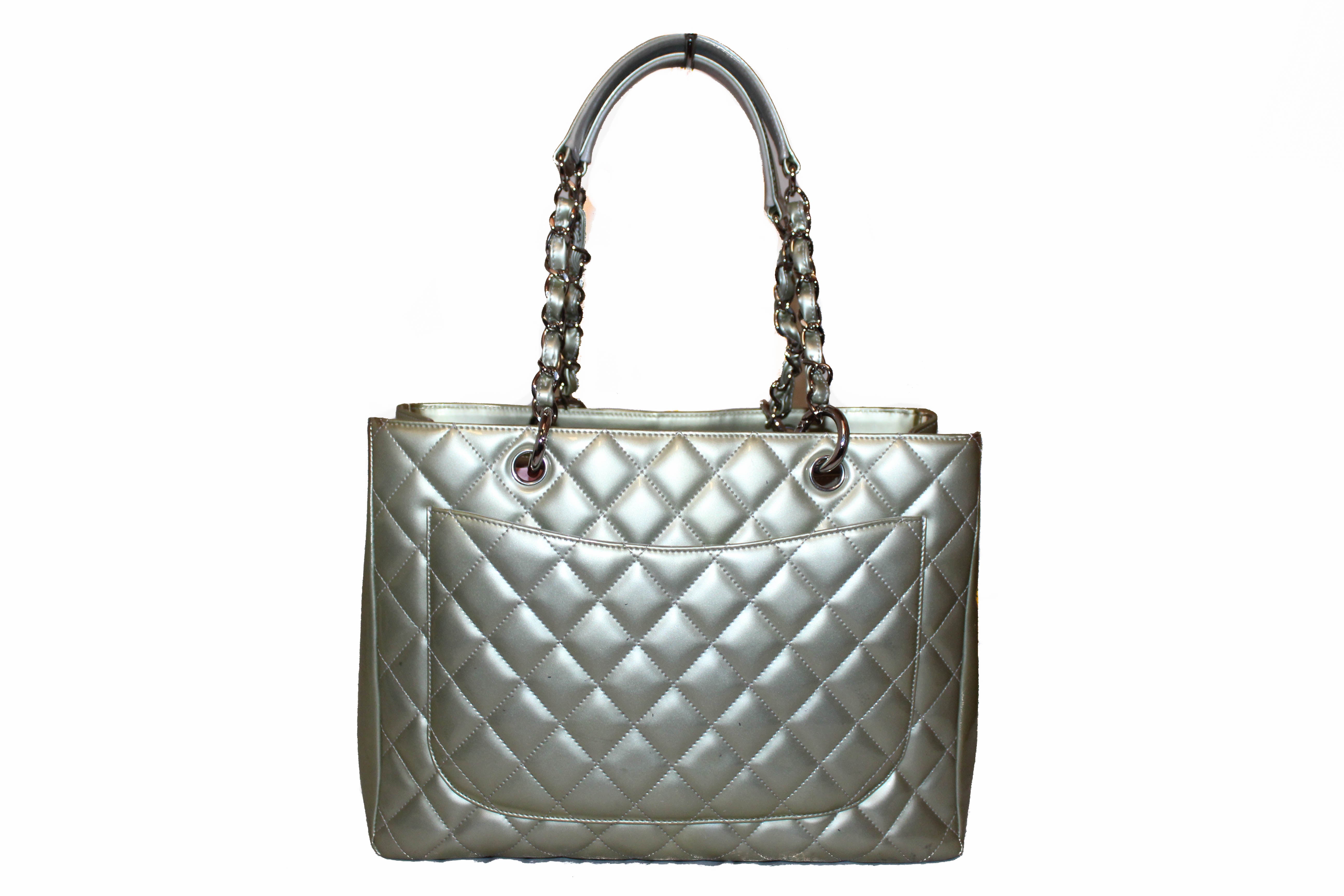 Authentic Chanel Silver Patent Quilted Leather Large Grand Shopping Tote Shoulder Bag