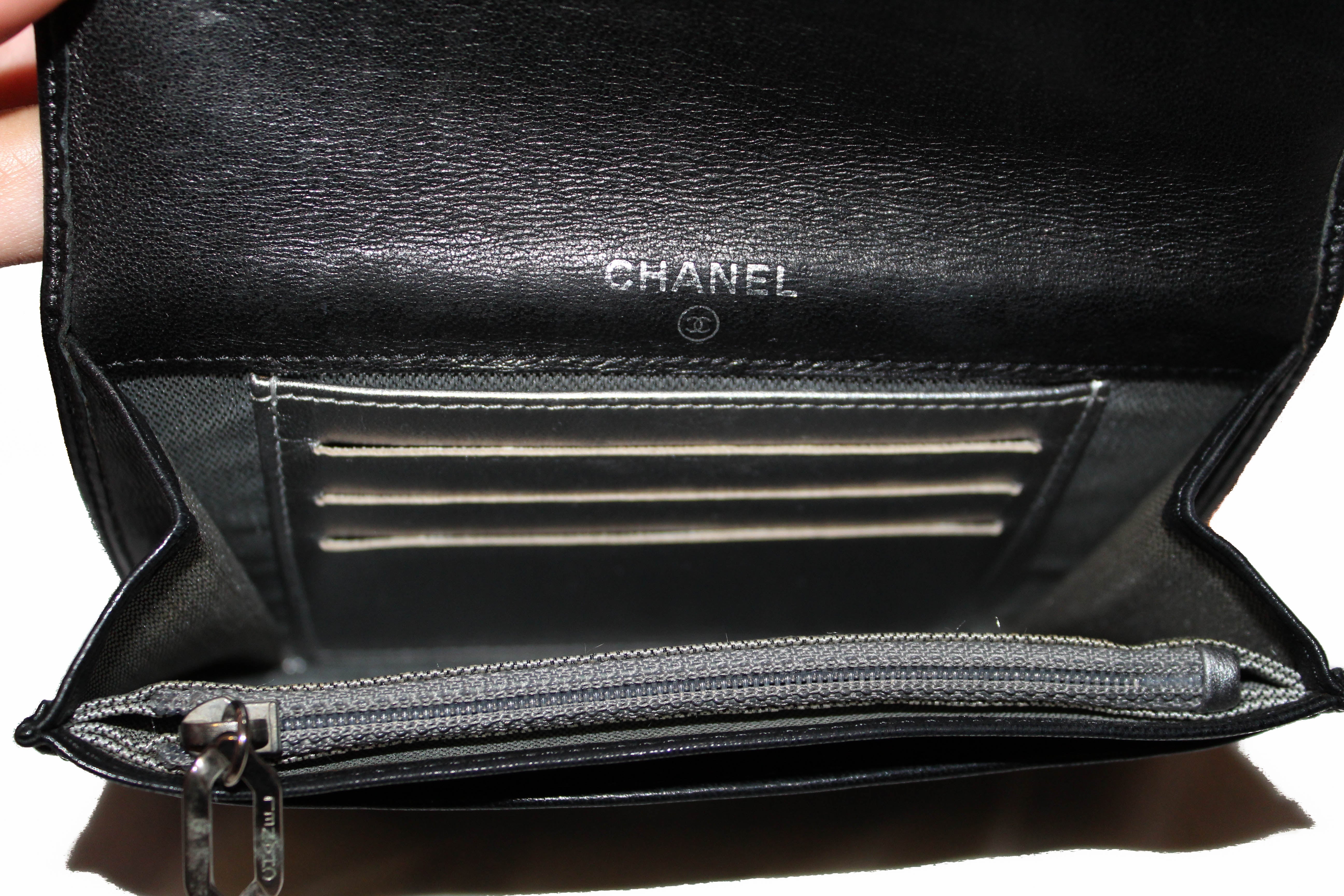 Authentic Chanel Black Lambskin Leather Compact Wallet