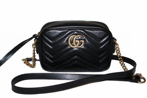 Authentic Gucci Black Marmont Matelasse Leather Mini Camera Crossbody Bag