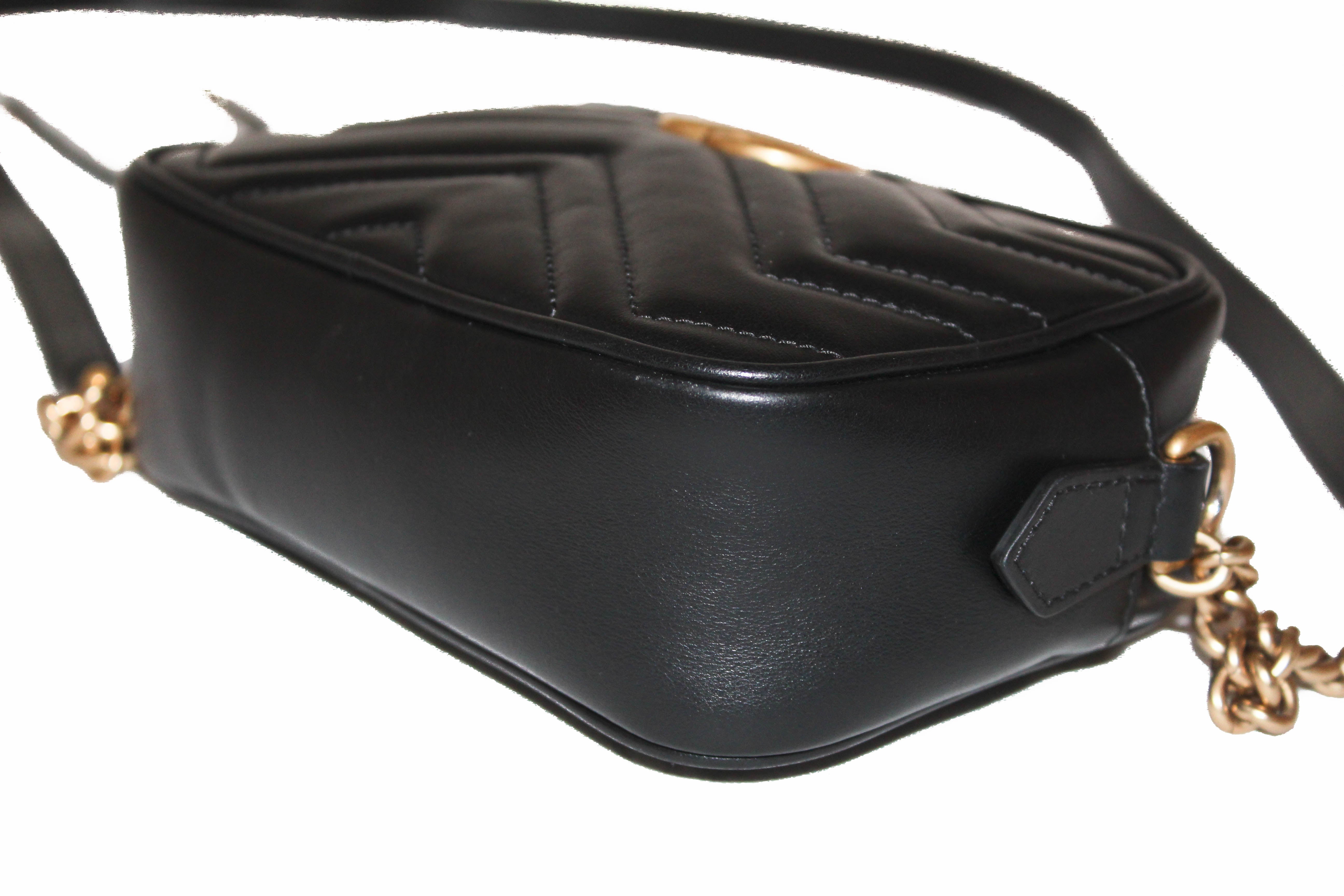Authentic Gucci Black Marmont Matelasse Leather Mini Camera Crossbody Bag