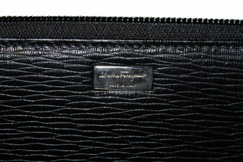 Authentic New Salvatore Ferragamo Black Hammered Calfskin Leather Zip Around Wallet