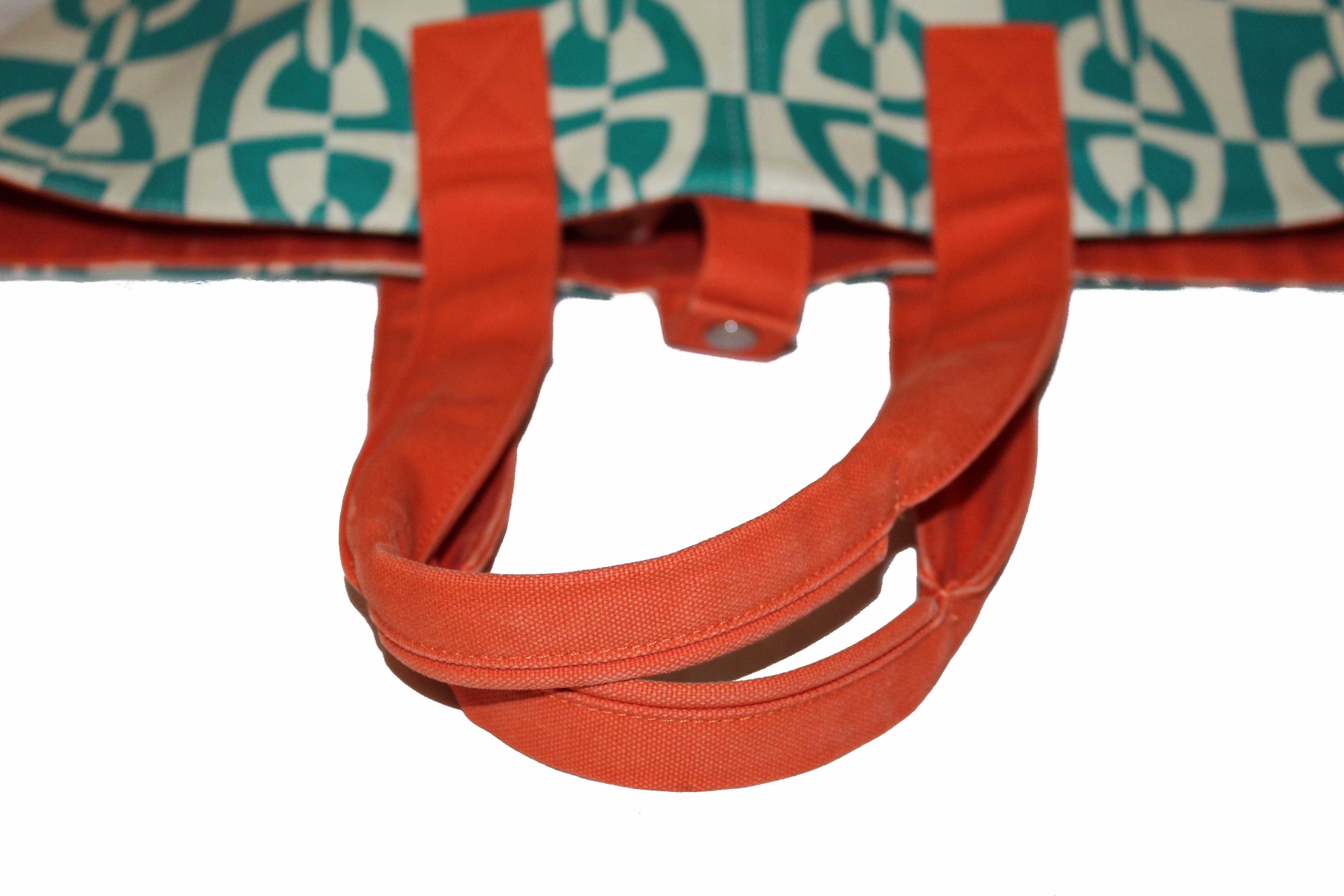 Authentic Hermes Orange w/ Green Canvas Chain De Ancre Beach Tote Shoulder Bag