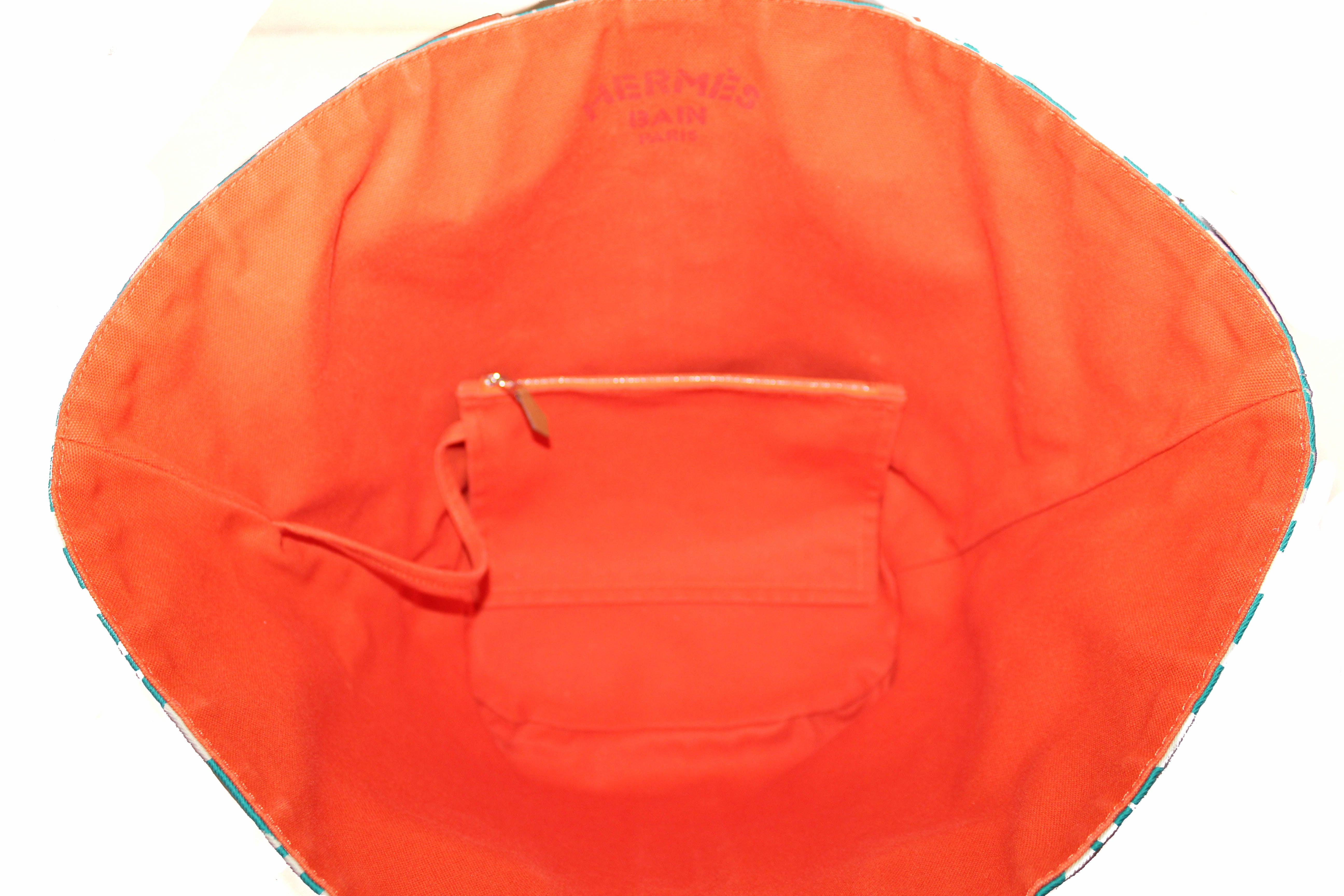 Authentic Hermes Orange w/ Green Canvas Chain De Ancre Beach Tote Shoulder Bag