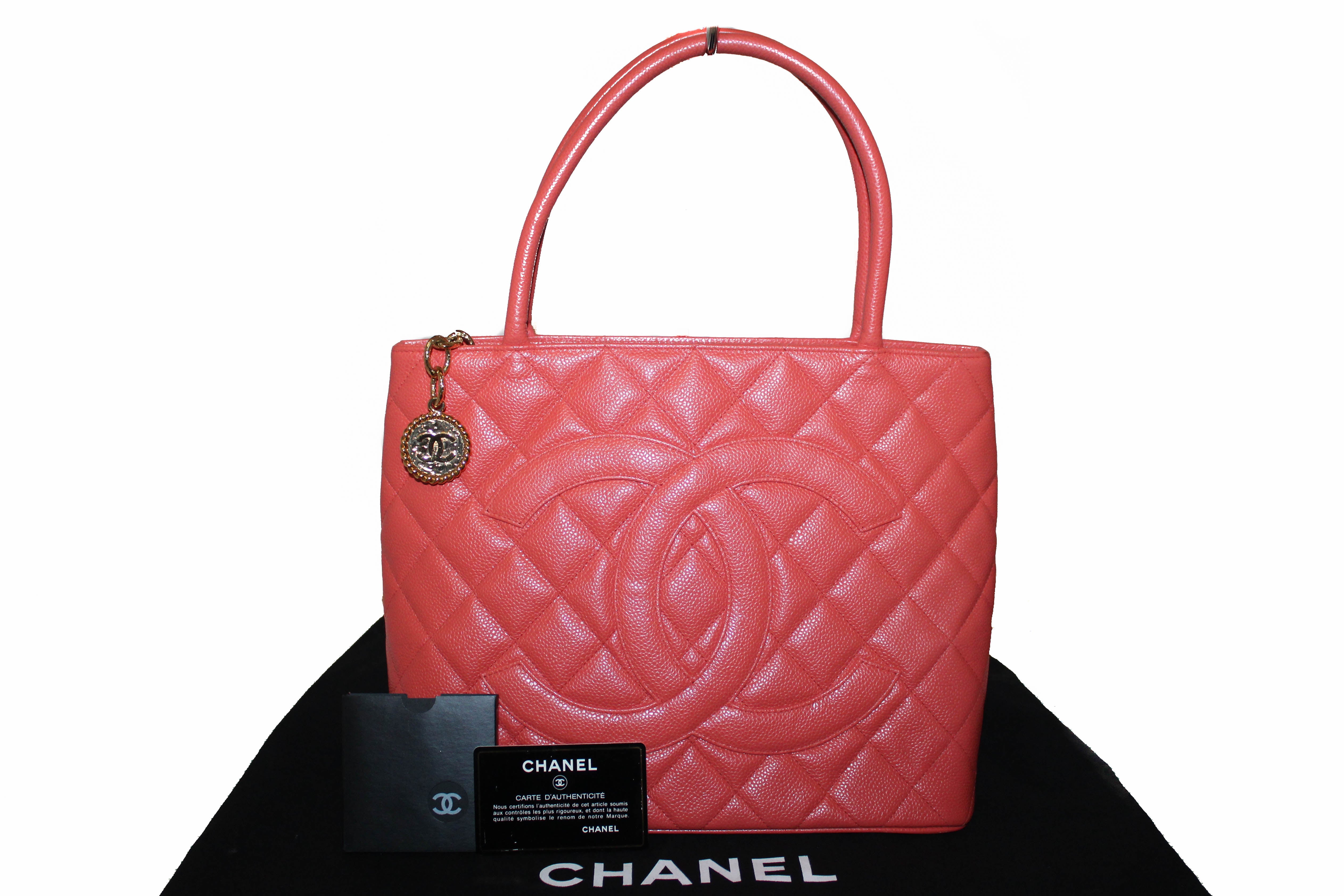 Authentic Chanel Coral Caviar Leather Medallion Tote Shoulder Bag