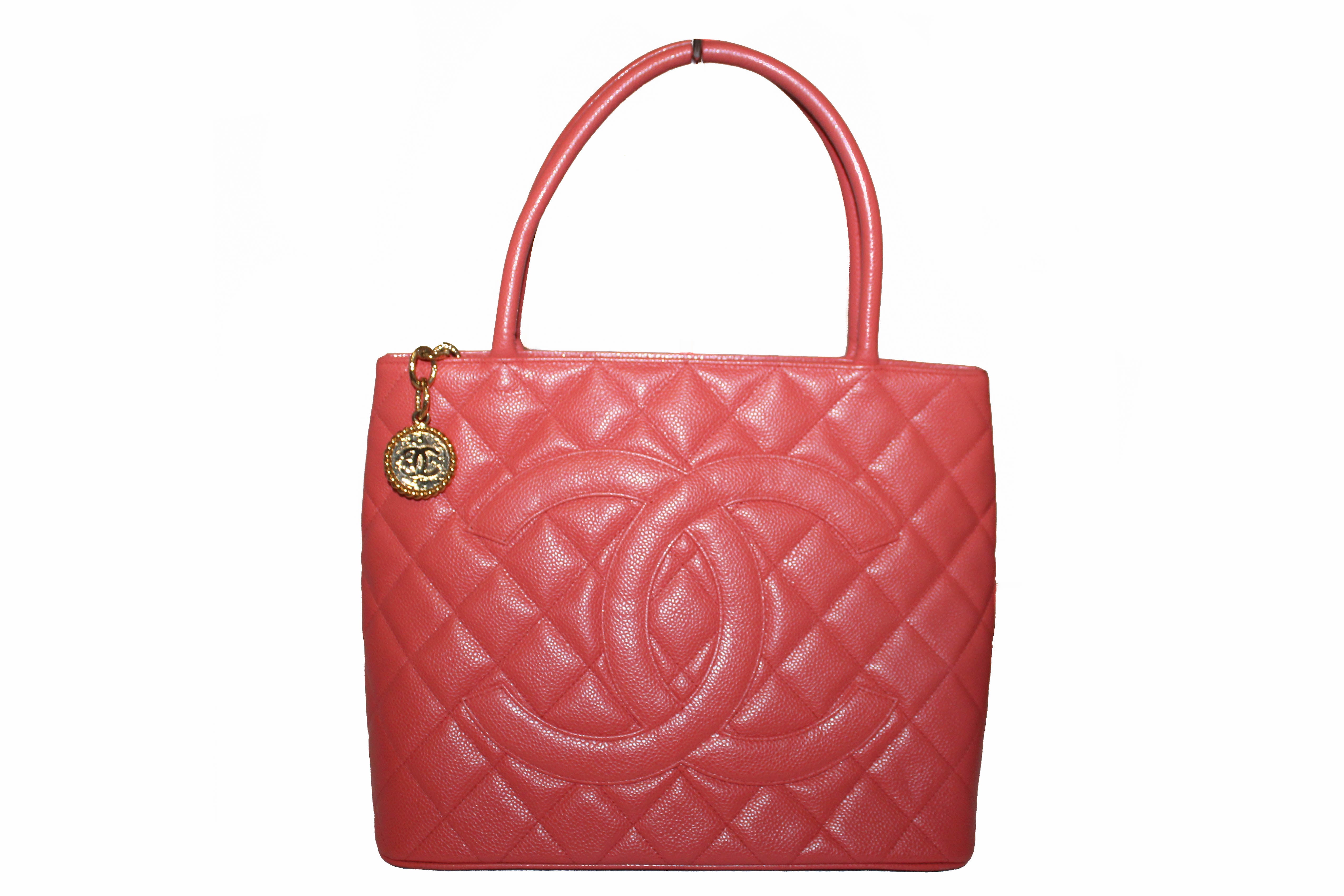 Authentic Chanel Coral Caviar Leather Medallion Tote Shoulder Bag
