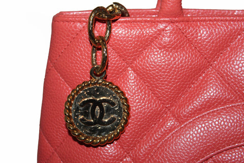 Authentic Chanel Coral Caviar Leather Medallion Tote Shoulder Bag