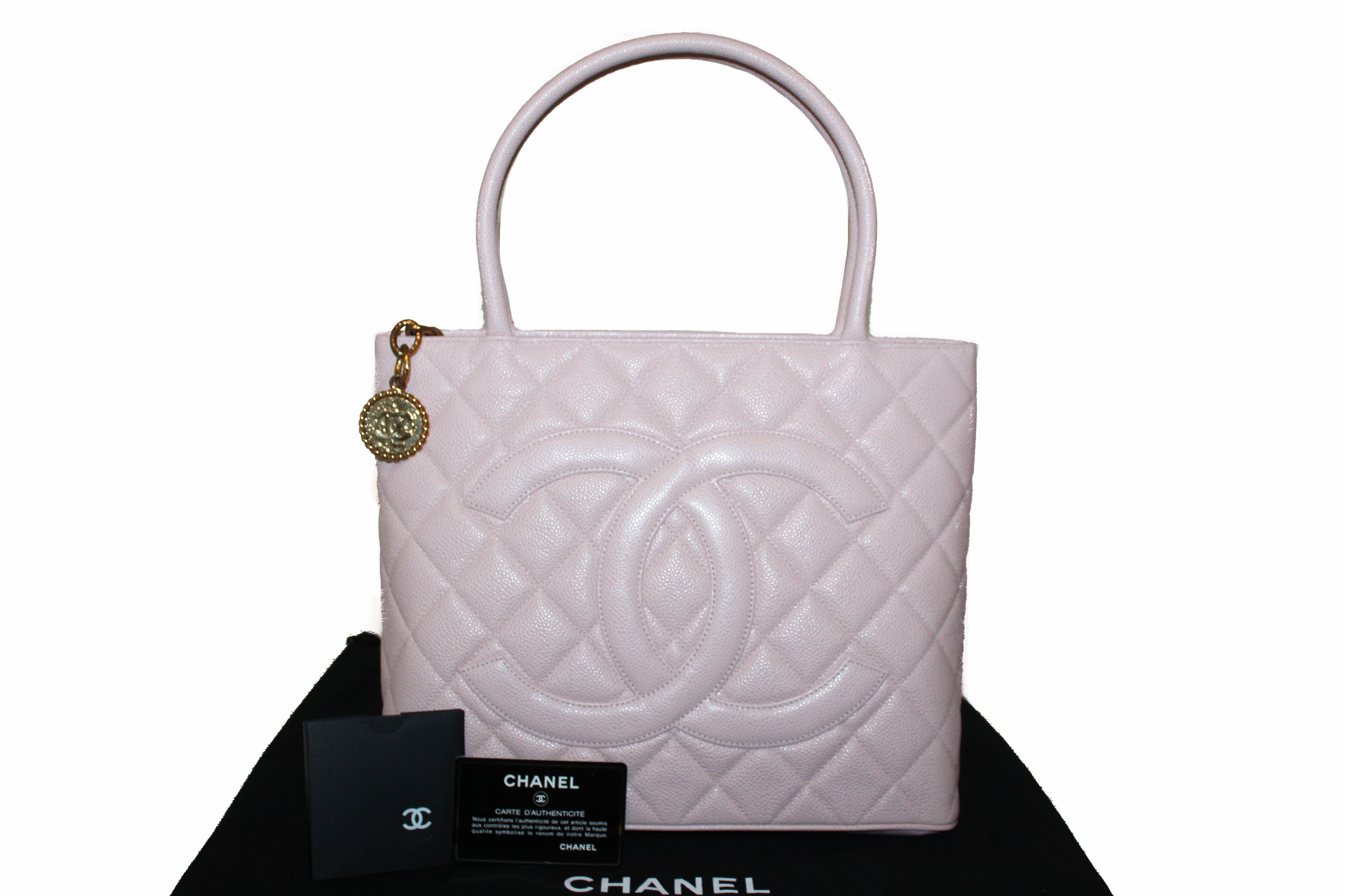 Authentic New Chanel Pink Caviar Leather Medallion Tote Shoulder
