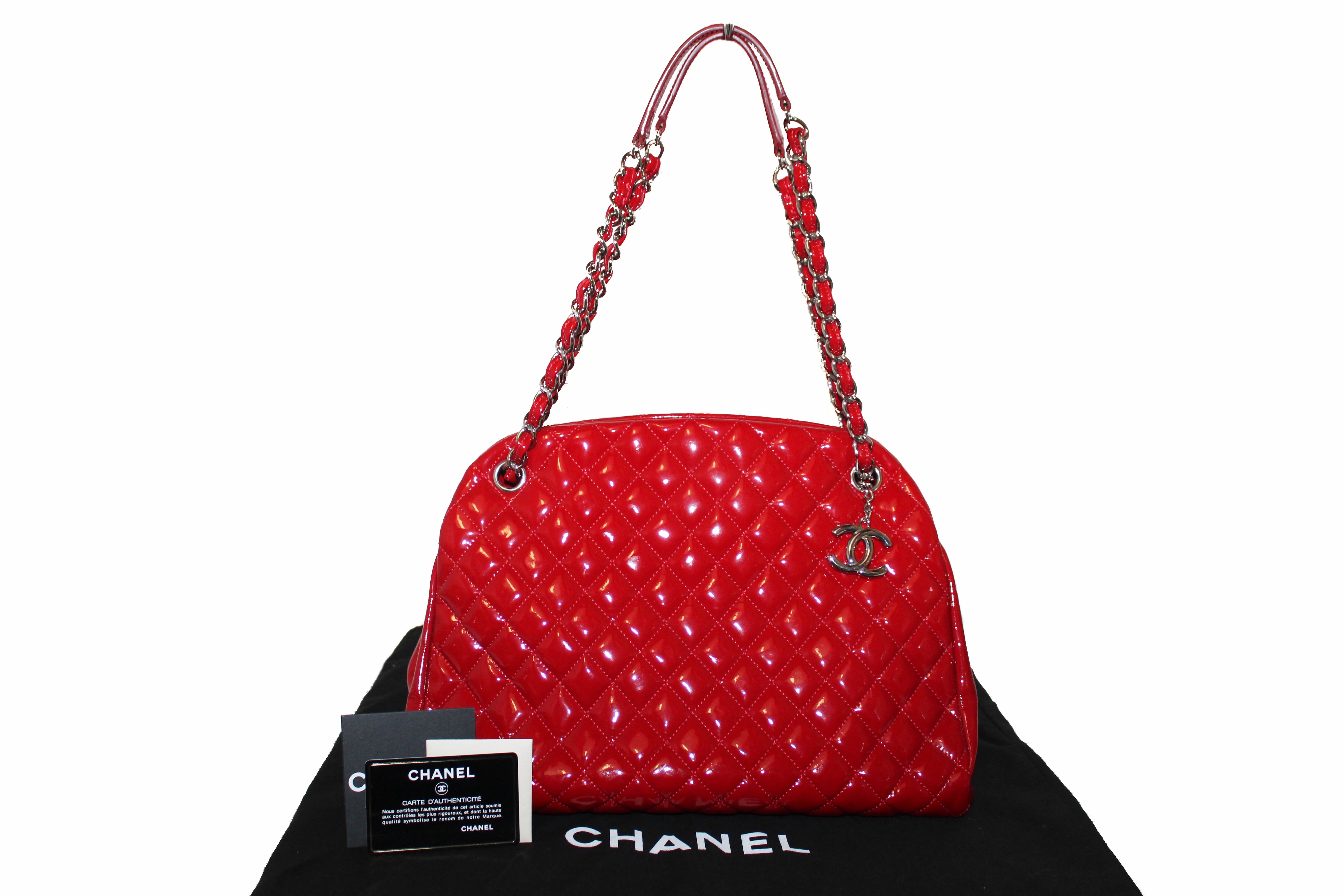 Authentic Chanel Red Quilted Patent Leather Bowling Mademoiselle Shoulder Bag