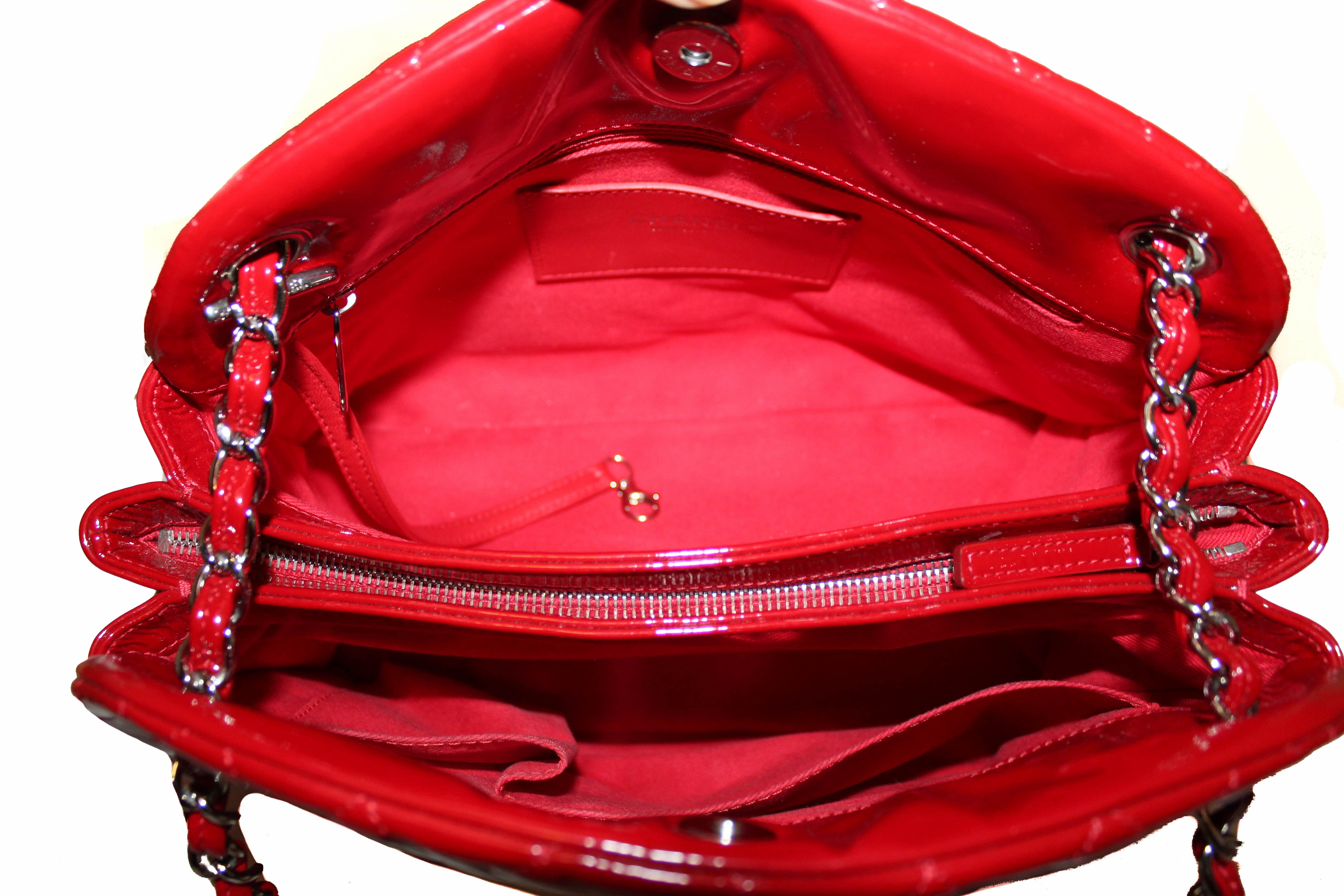 Authentic Chanel Red Quilted Patent Leather Bowling Mademoiselle Shoulder Bag