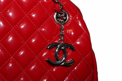 Authentic Chanel Red Quilted Patent Leather Bowling Mademoiselle Shoulder Bag