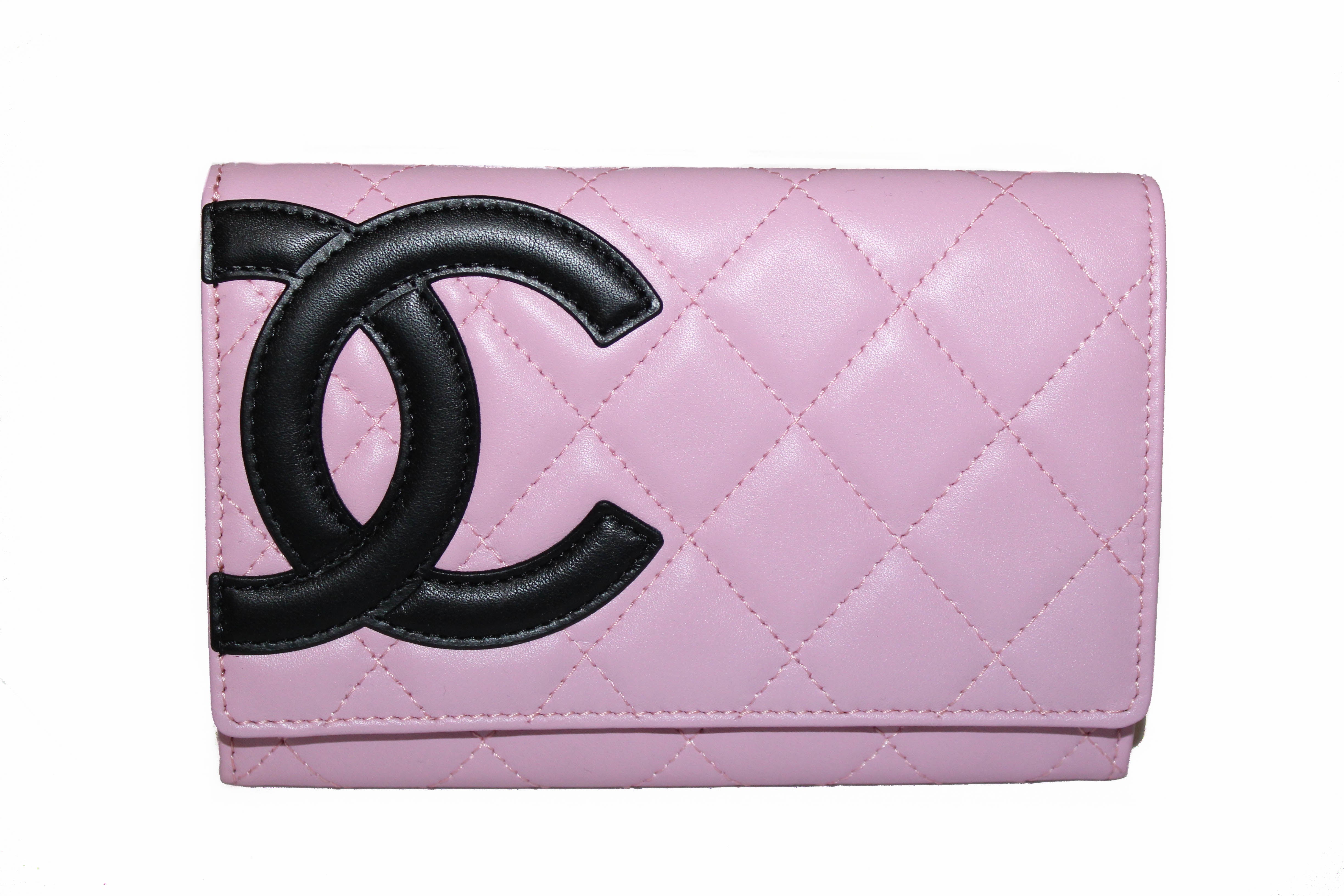 Authentic New Chanel Pink Quilted Cambon Lambskin Leather Medium Wallet
