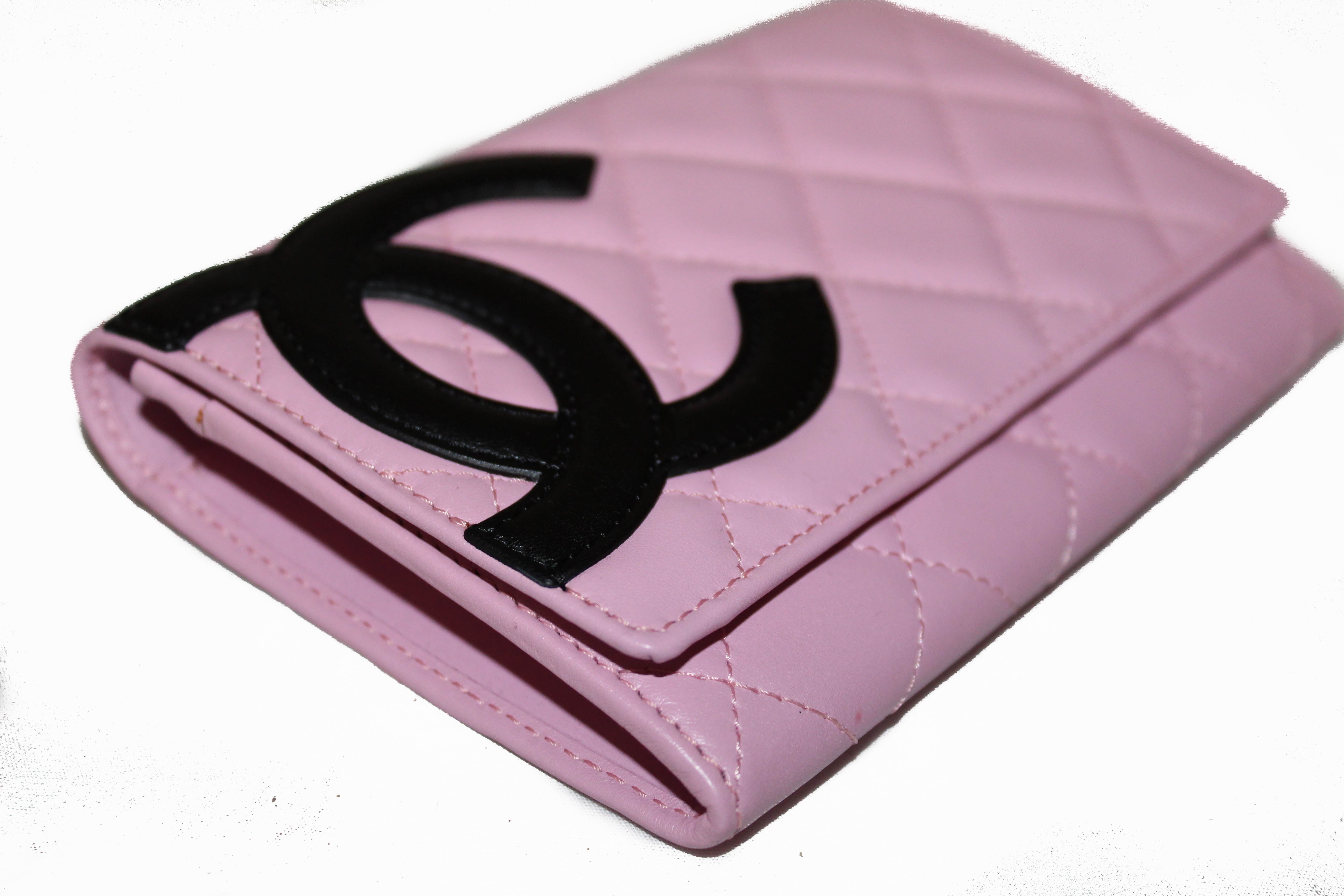 Authentic New Chanel Pink Quilted Cambon Lambskin Leather Medium Wallet