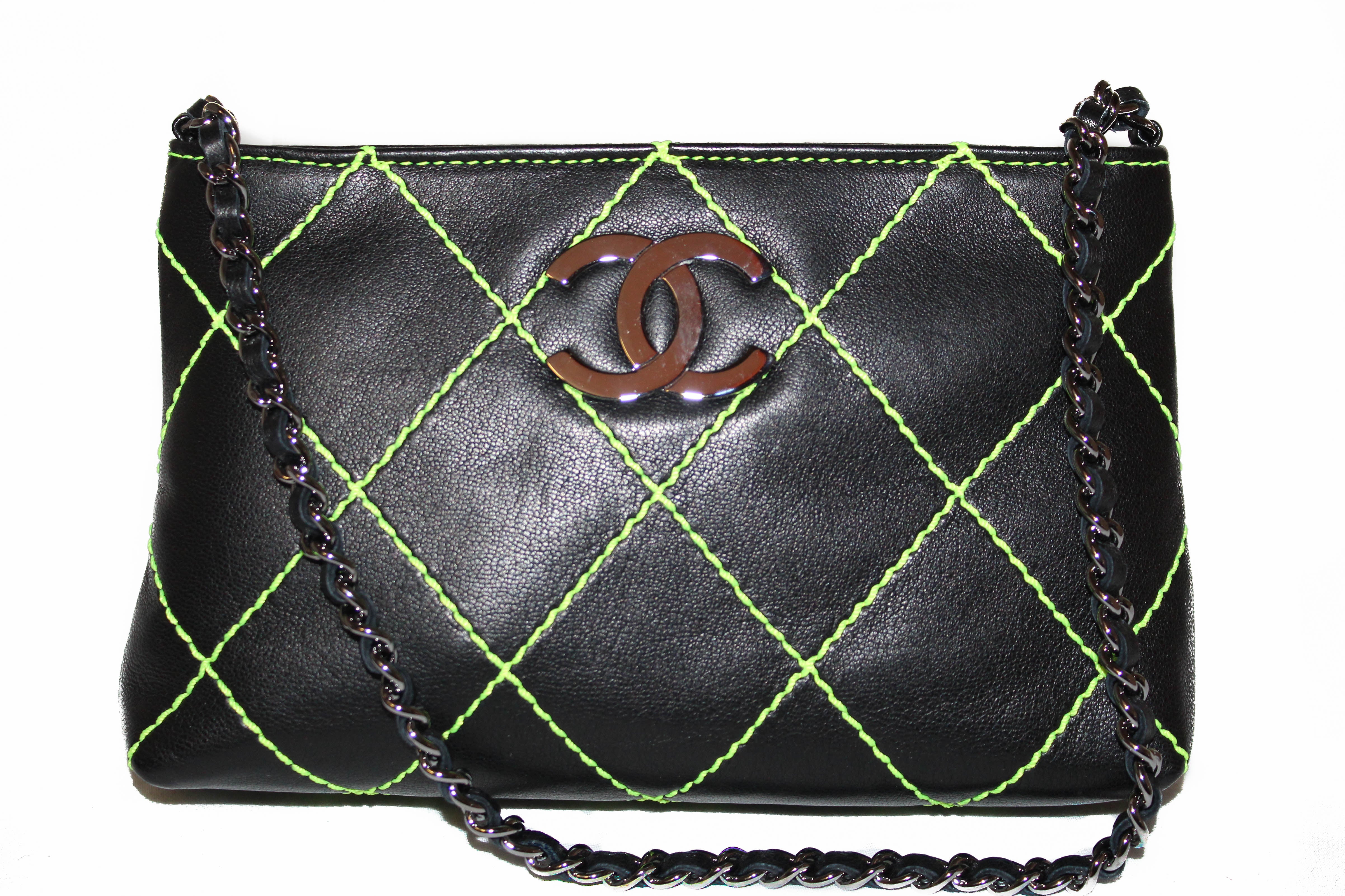 Authentic New Chanel Black Quilted Leather Wide Stitch Small Pouch Chain Bag