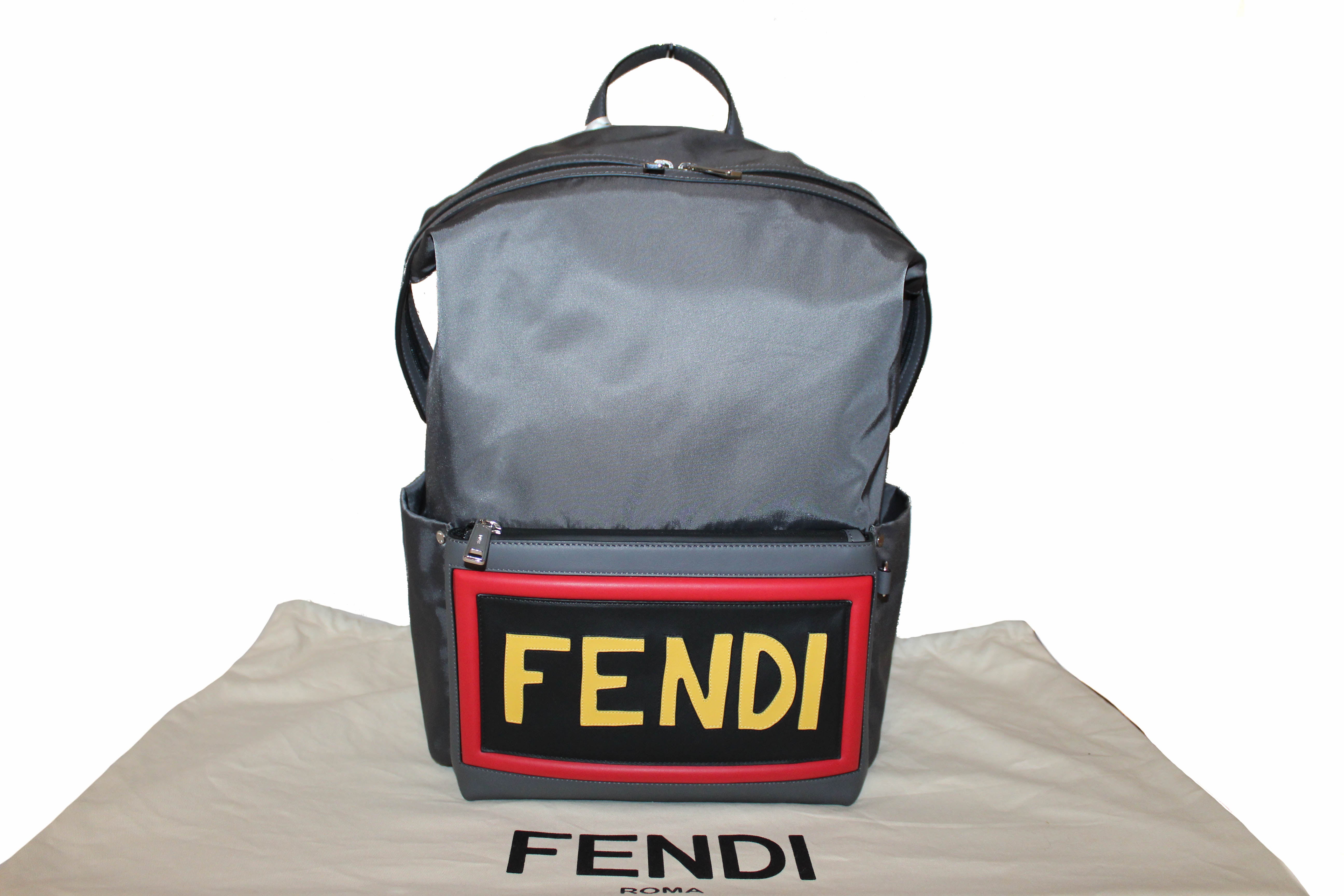 Authentic New Fendi Grey Nylon/Leather Large Backpack