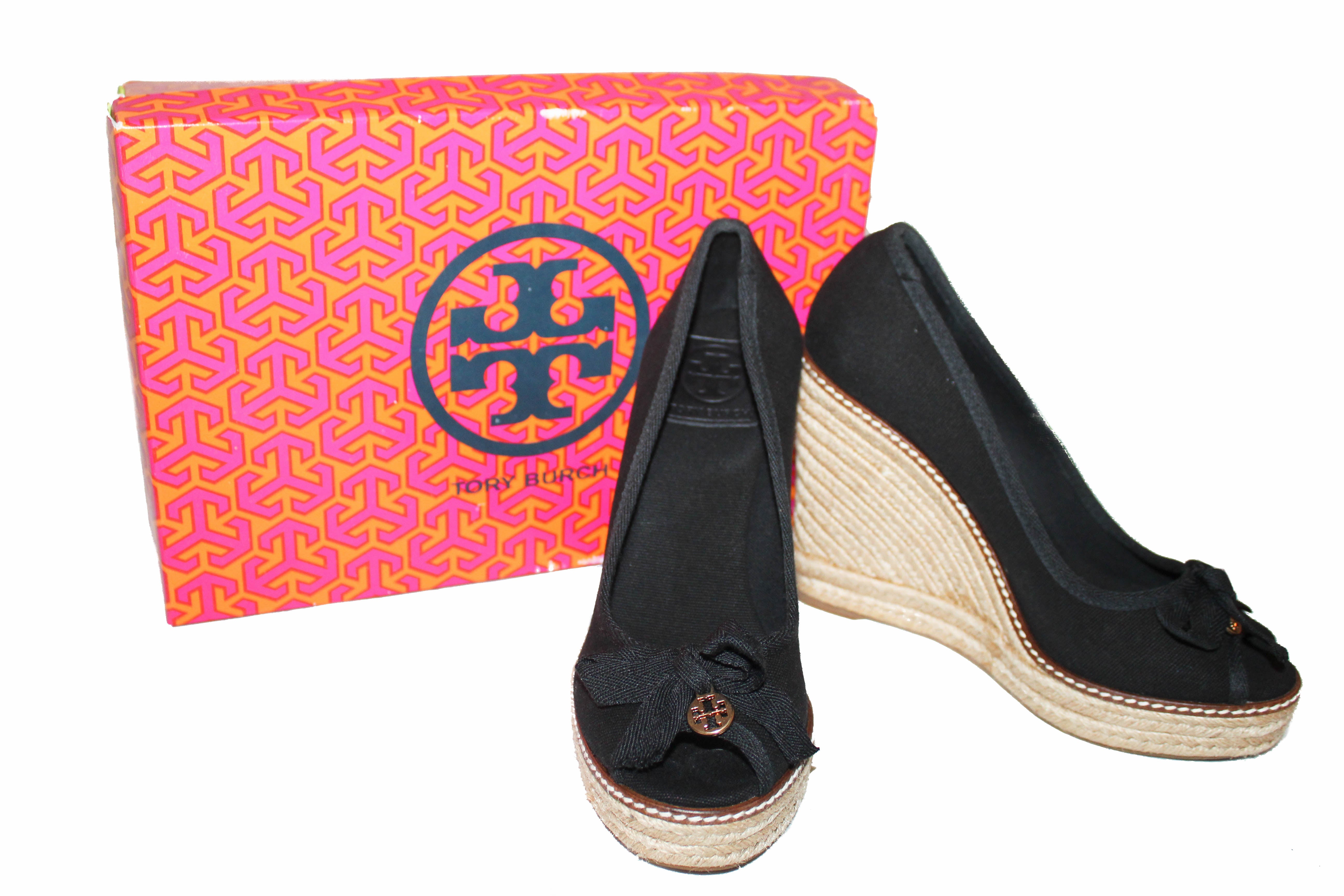 Authentic Tory Burch Black Canvas Jackie Espadrille 110mm Wedge Shoes Size 7
