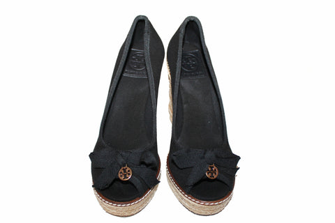 Authentic Tory Burch Black Canvas Jackie Espadrille 110mm Wedge Shoes Size 7