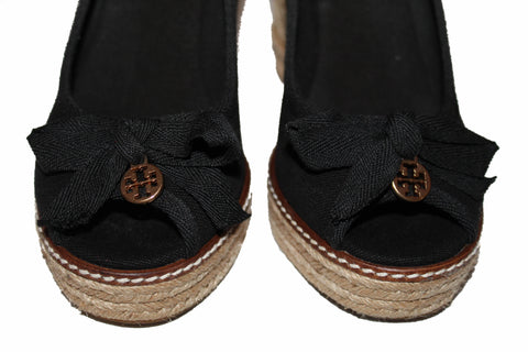 Authentic Tory Burch Black Canvas Jackie Espadrille 110mm Wedge Shoes Size 7