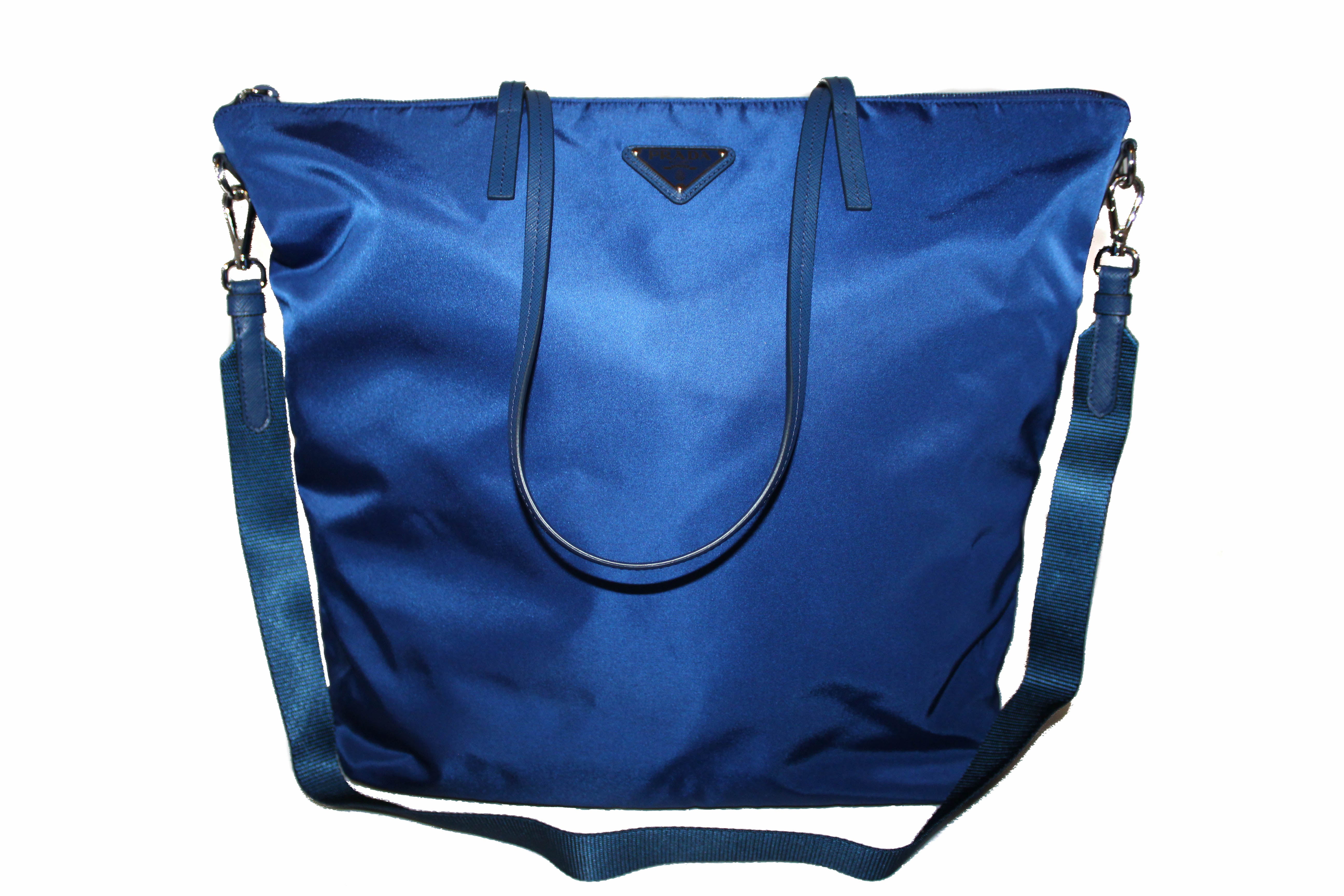 Authentic New Prada Blue Nylon Tessuto Tote Bag with Strap 1BG189