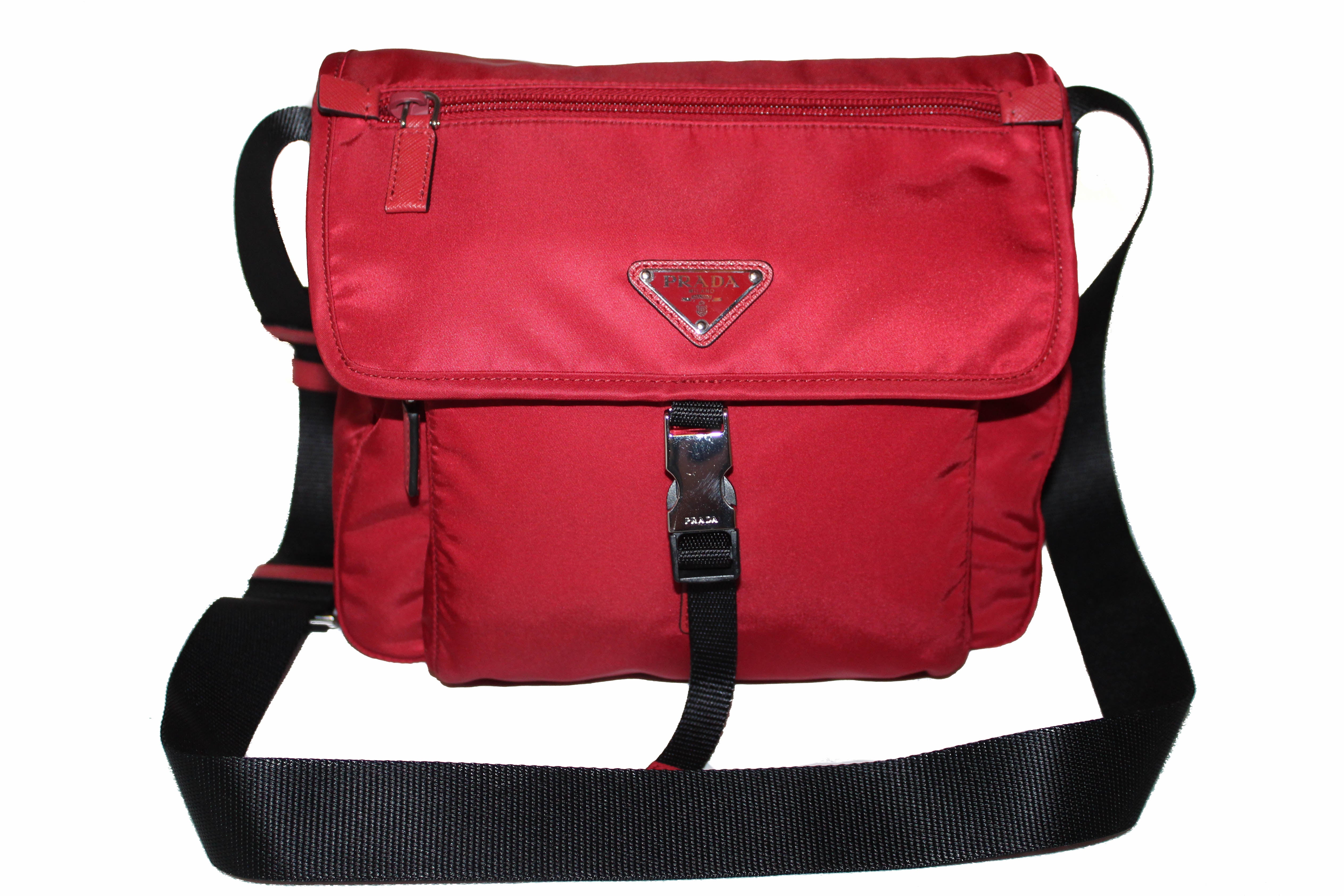Authentic Prada Red/Black Nylon Tessuto Small Messenger Bag 1BD994