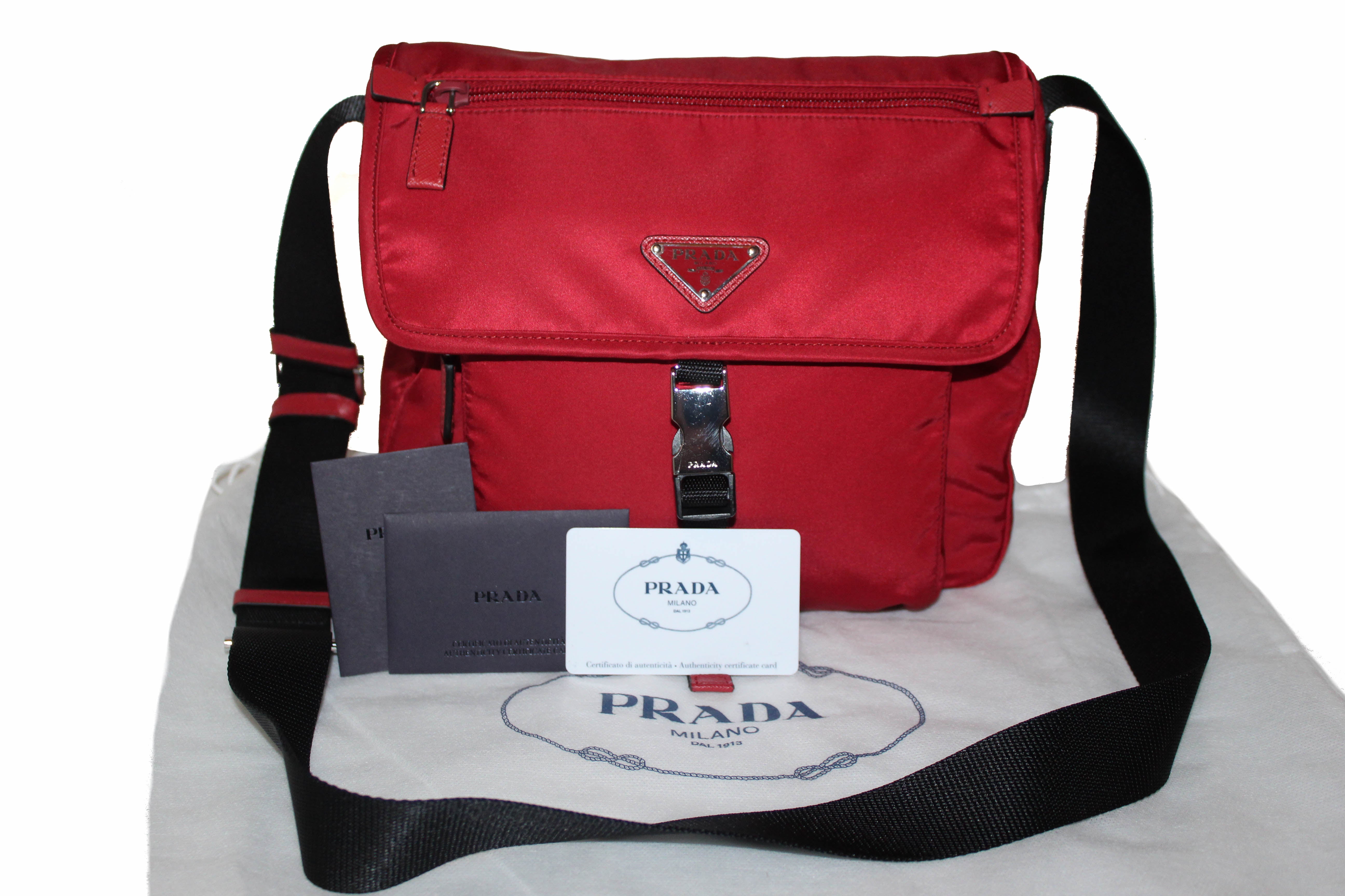 Authentic New Prada Red/Black Nylon Tessuto Small Messenger Bag 1BD